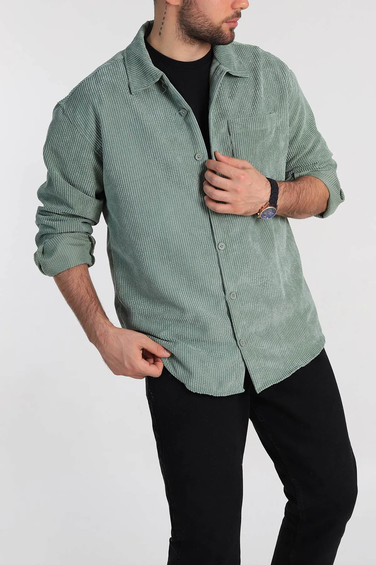 Su Yeşili Oversize Fitilli Kadife Cep Detaylı Erkek Gömlek 318412