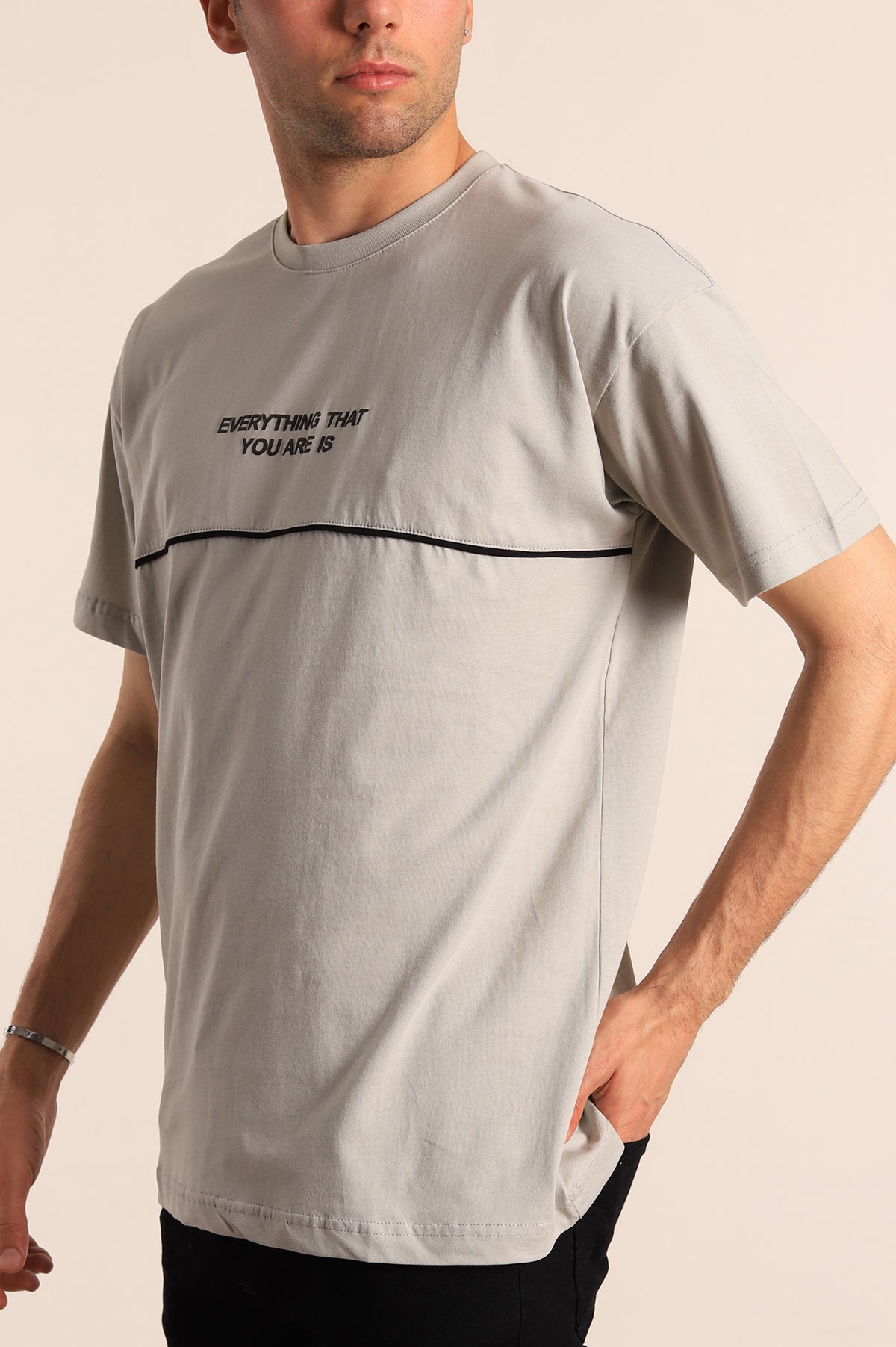 Su Yeşili Oversize Göğüs Kabartma Yazılı Erkek Tişört 184312