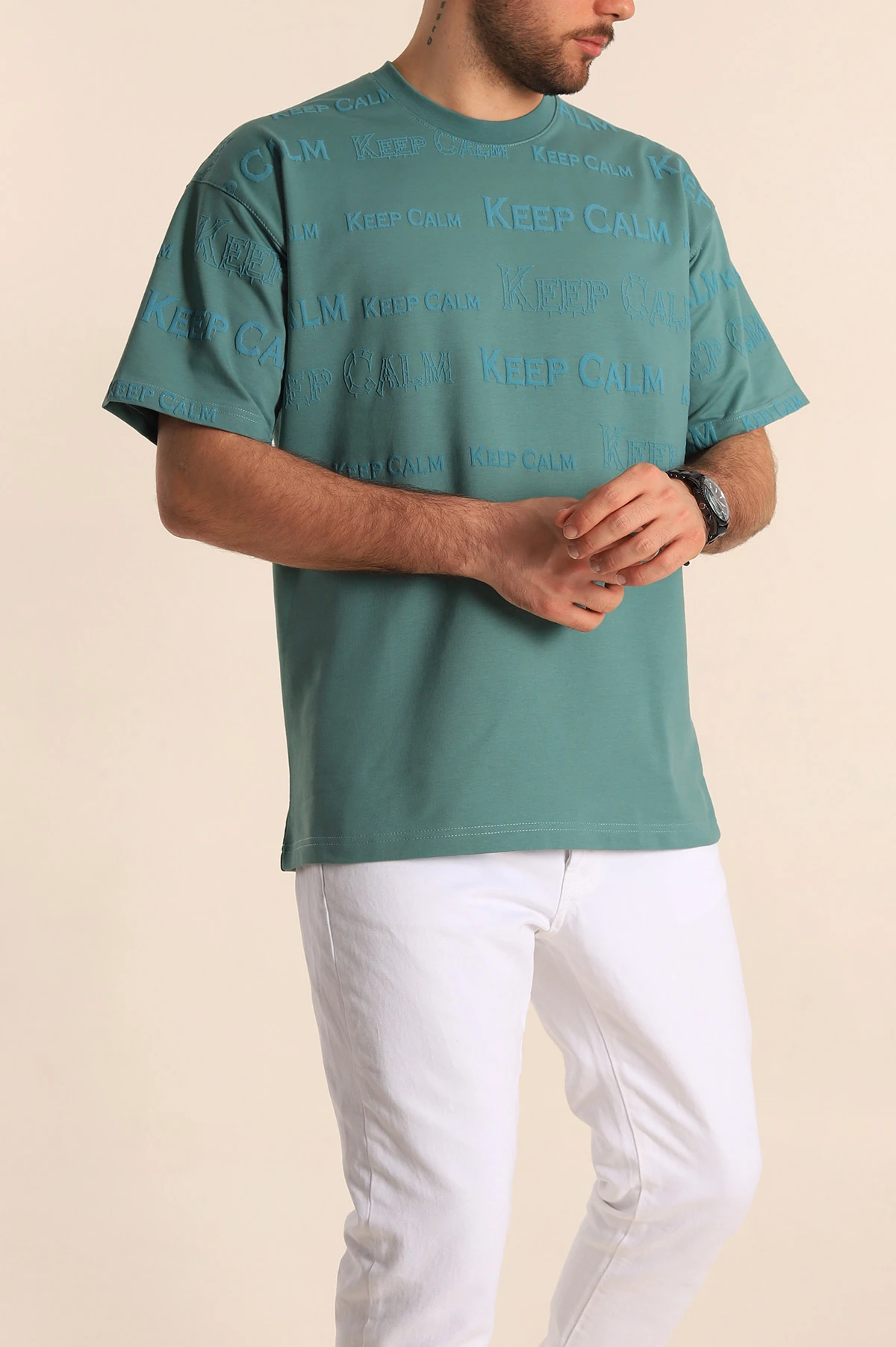 Su Yeşili Oversize İki İp Yazı Detay Erkek Tişört 247570