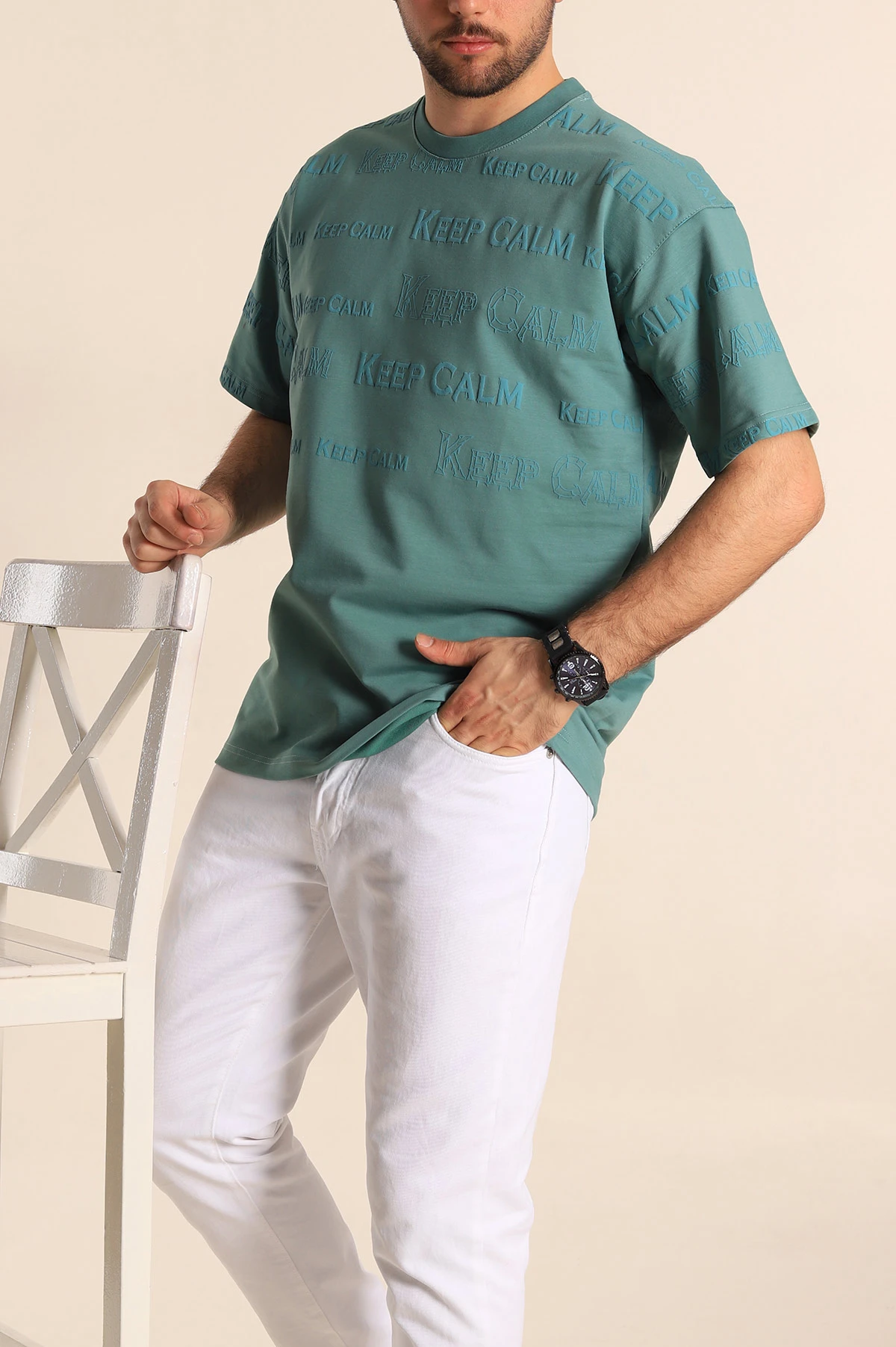Su Yeşili Oversize İki İp Yazı Detay Erkek Tişört 247570