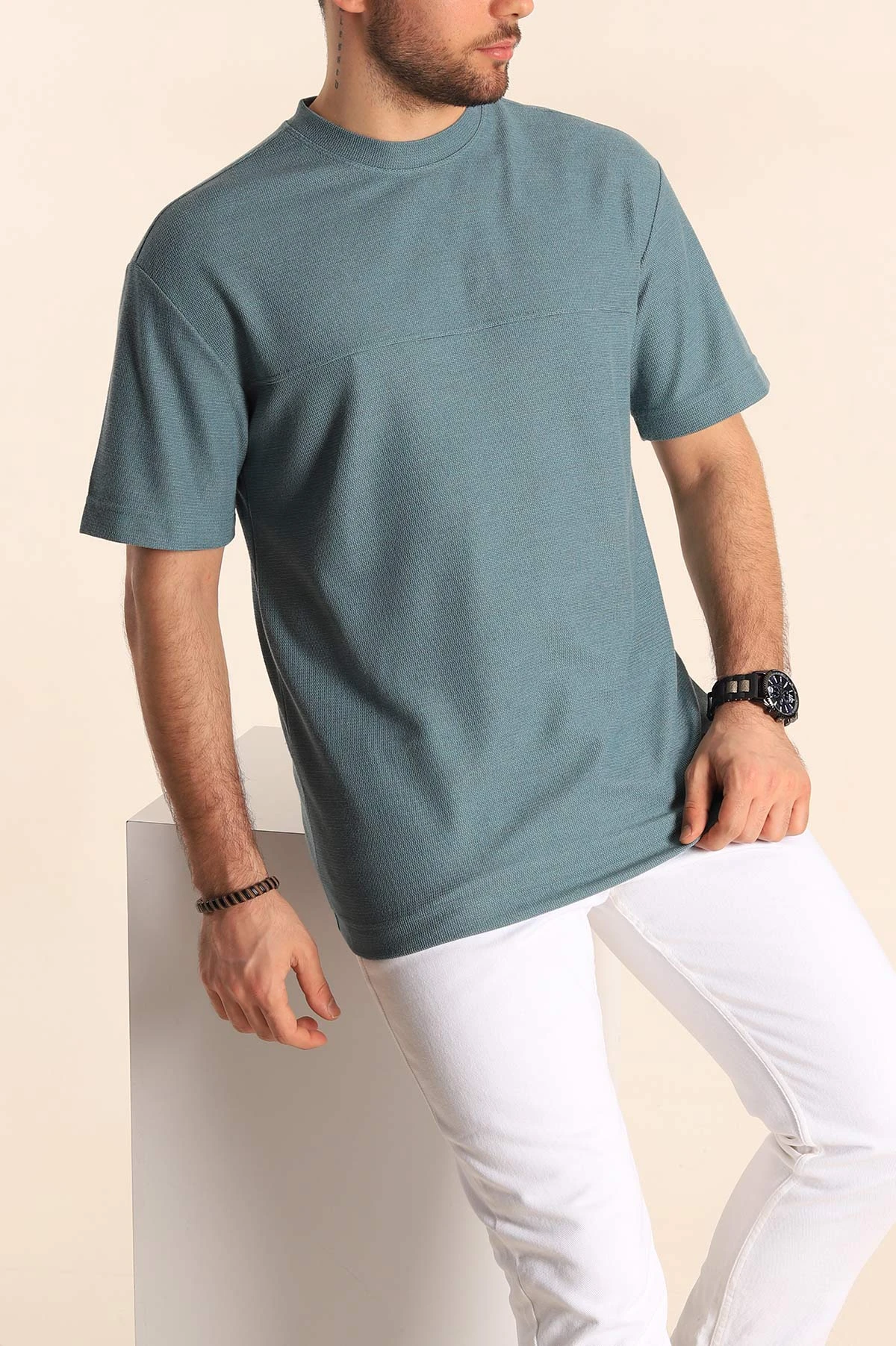 Su Yeşili Oversize Jakarlı Dikiş Detaylı Erkek Tişört 253353