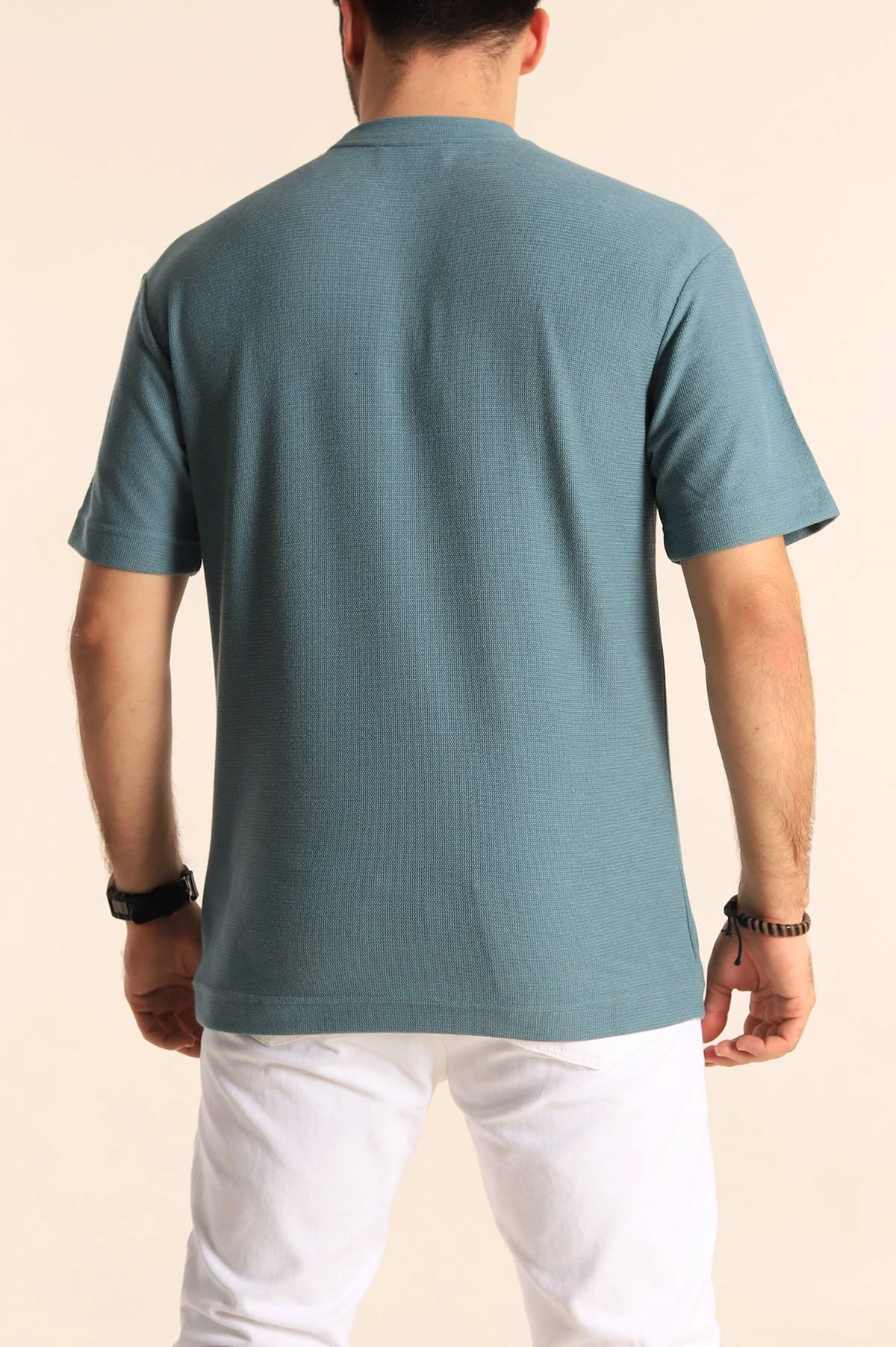 Su Yeşili Oversize Jakarlı Dikiş Detaylı Erkek Tişört 253353