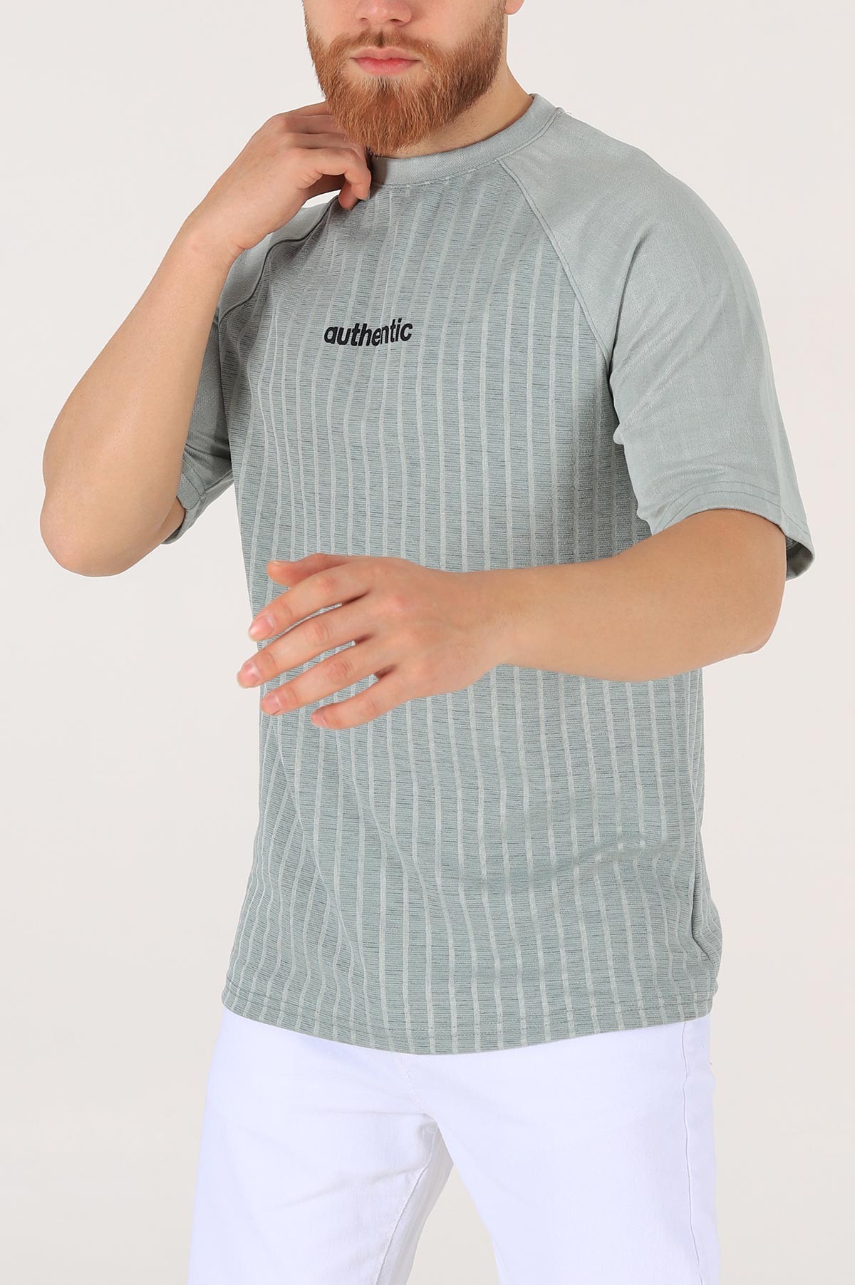 Su Yeşili Oversize Reglan Kol Baskılı Erkek Tişört 174339