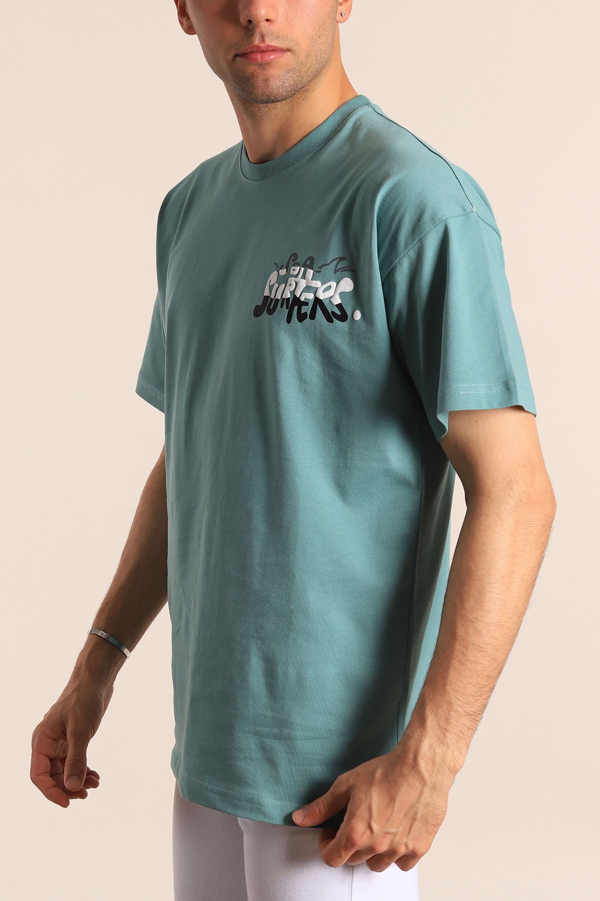 Su Yeşili Oversize Sea Surfers Sırt Kabartmalı Erkek Tişört 184267