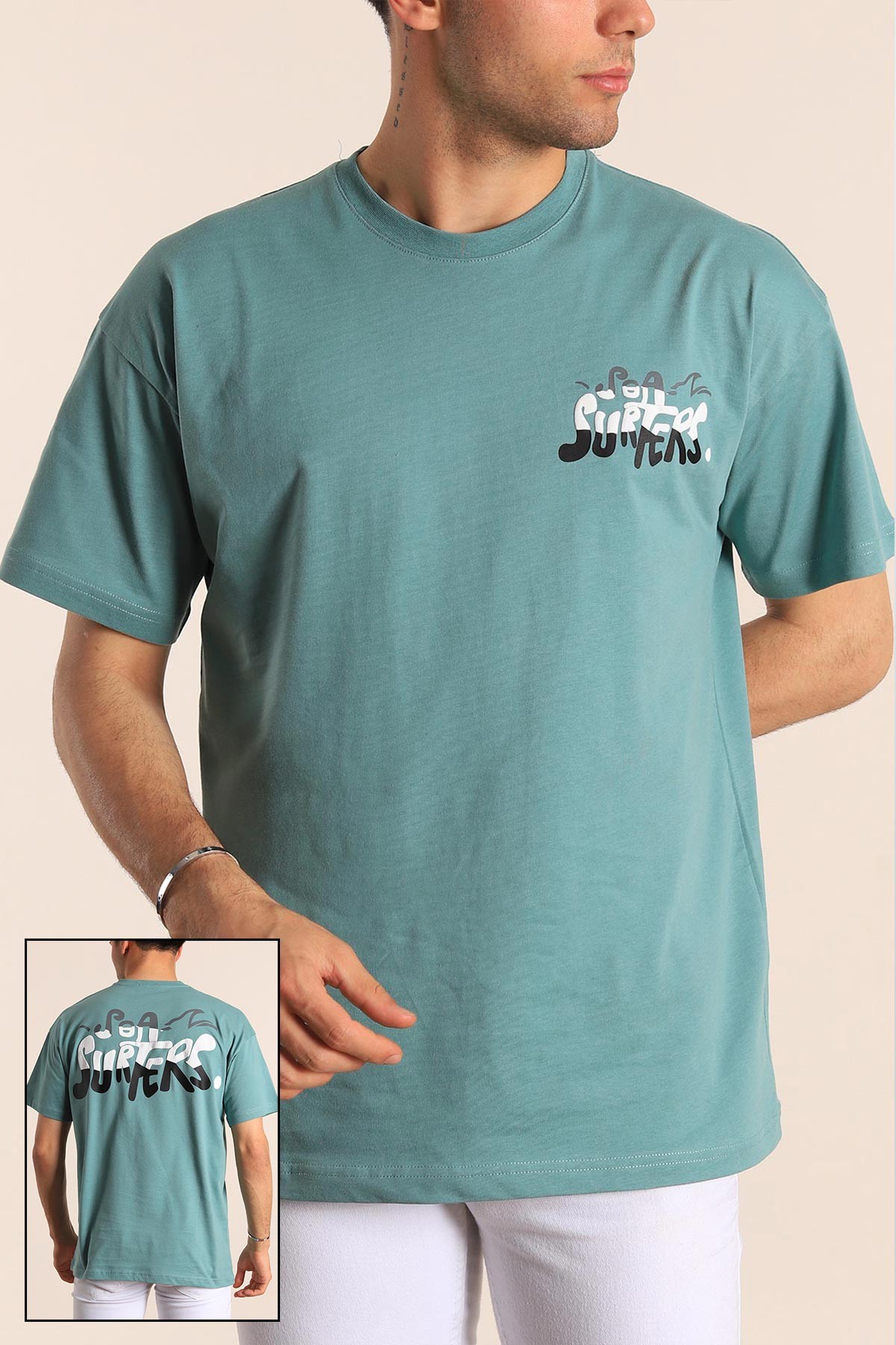Su Yeşili Oversize Sea Surfers Sırt Kabartmalı Erkek Tişört 184267