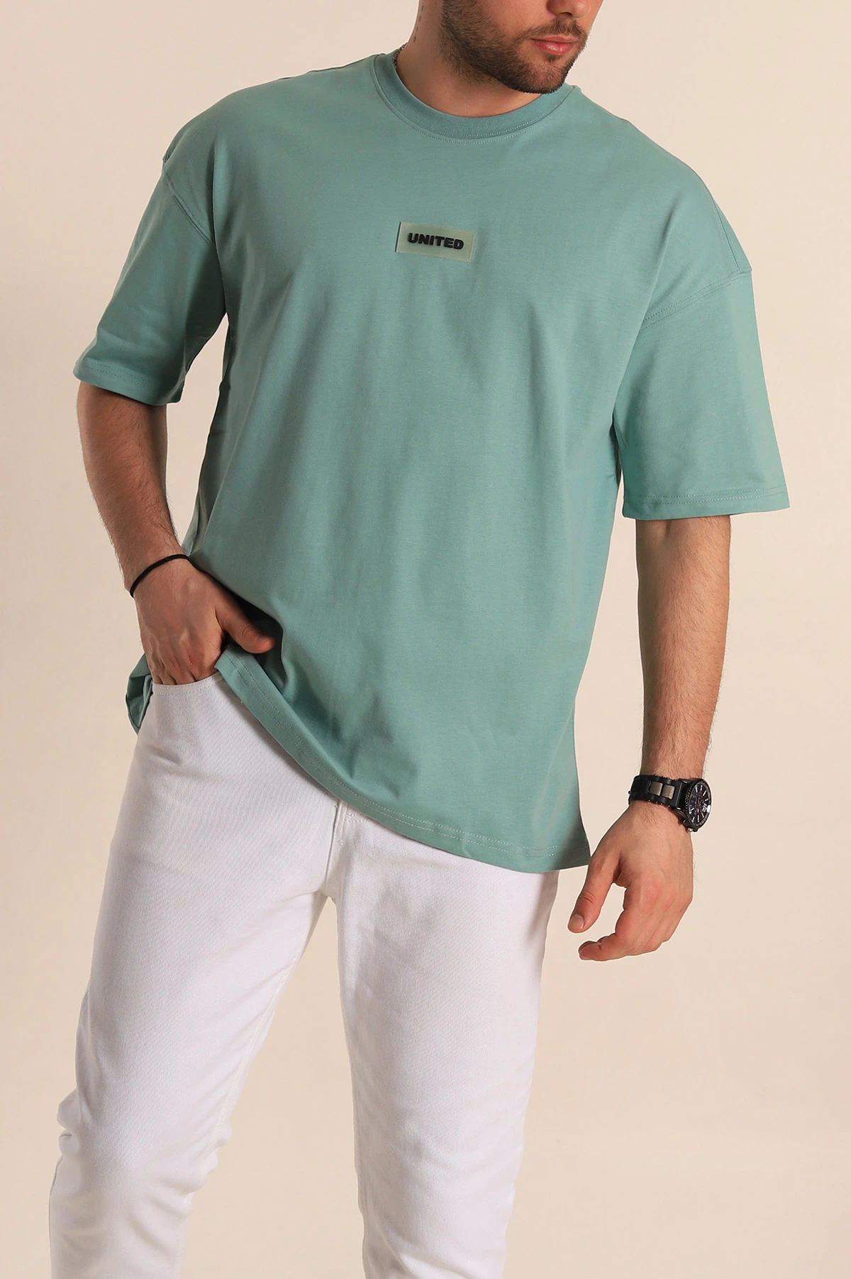 Su Yeşili Oversize Suprem Kumaş Plastik Baskı Detaylı Erkek Tişört 267361