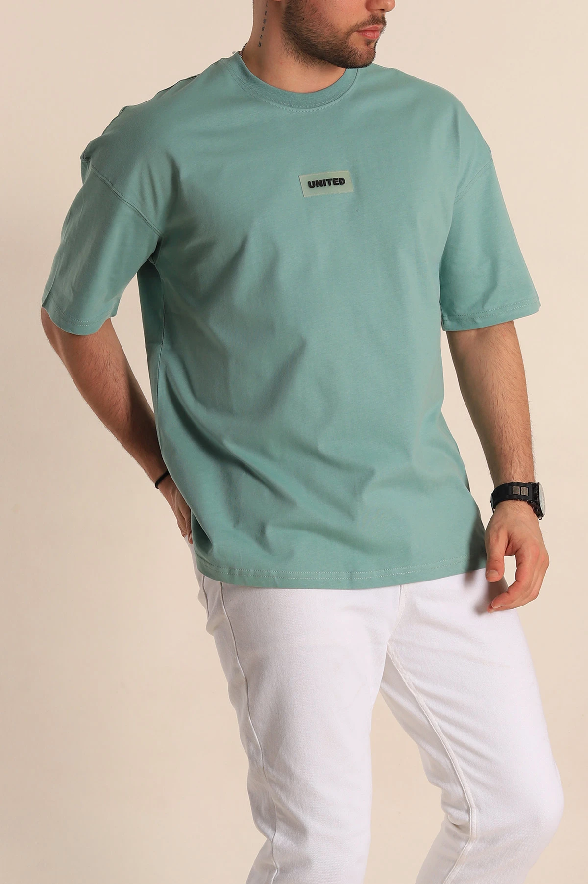 Su Yeşili Oversize Suprem Kumaş Plastik Baskı Detaylı Erkek Tişört 267361