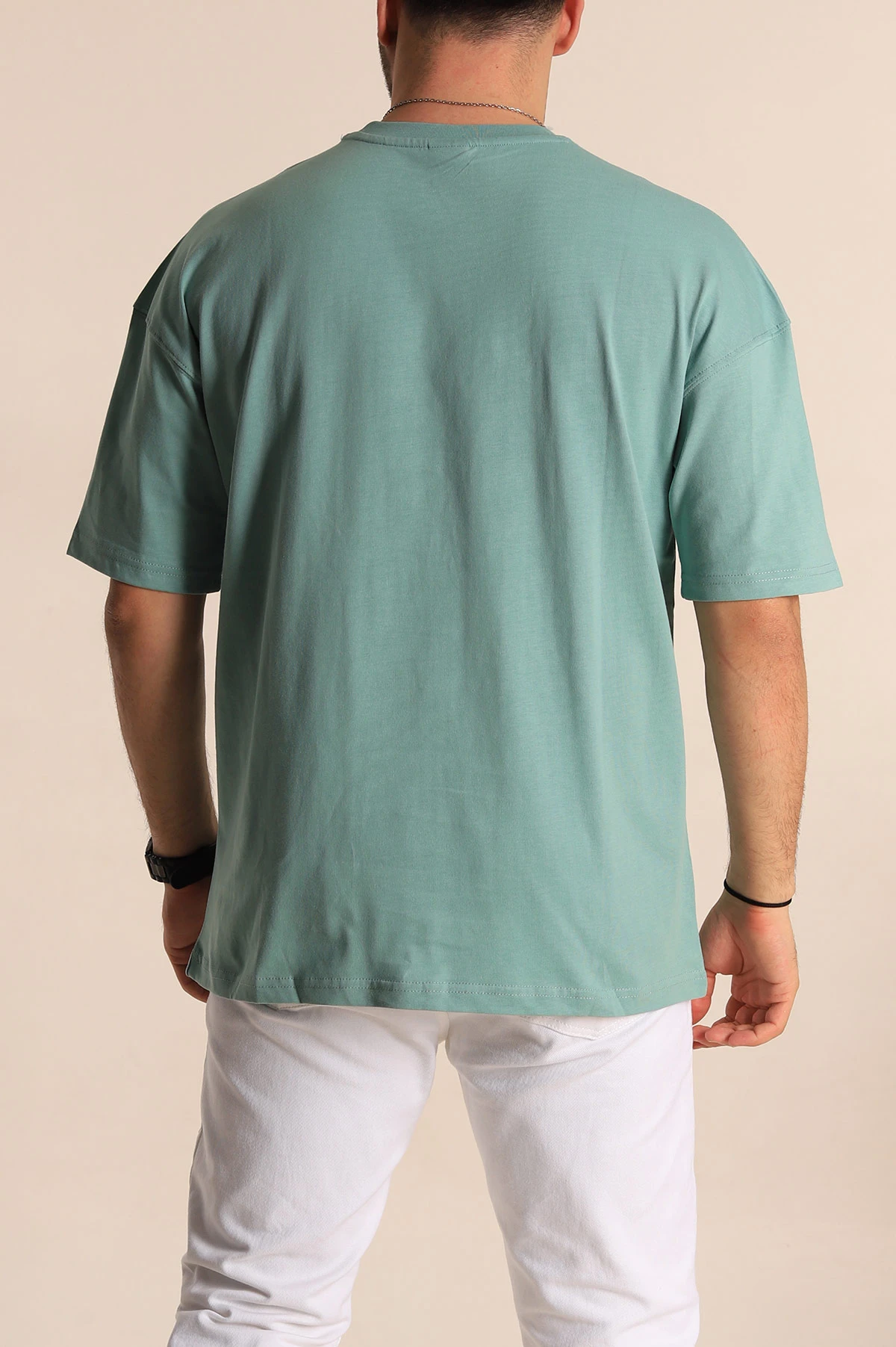 Su Yeşili Oversize Suprem Kumaş Plastik Baskı Detaylı Erkek Tişört 267361