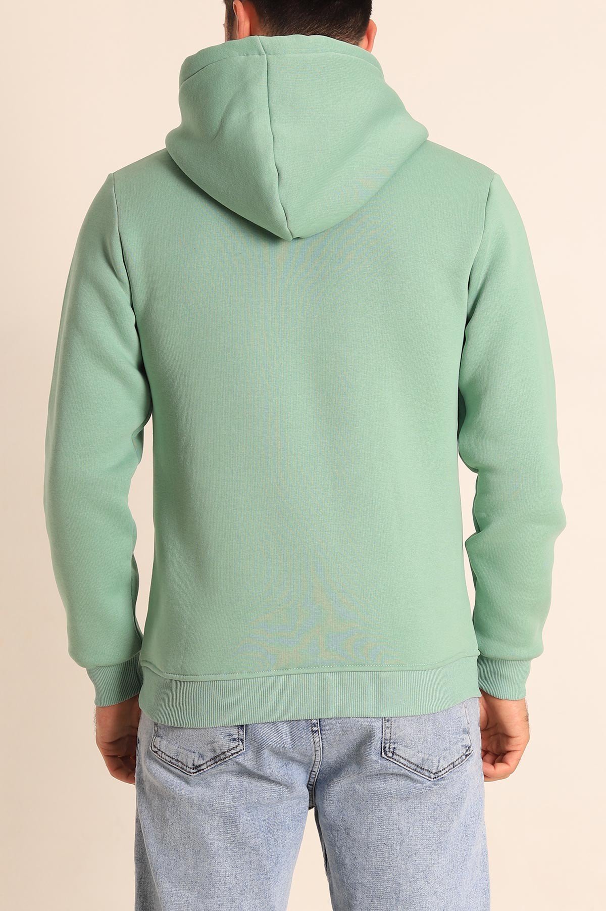 Su Yeşili Oversize Üç İp Şardonlu Basic Kapüşonlu Erkek Sweatshirt 222529