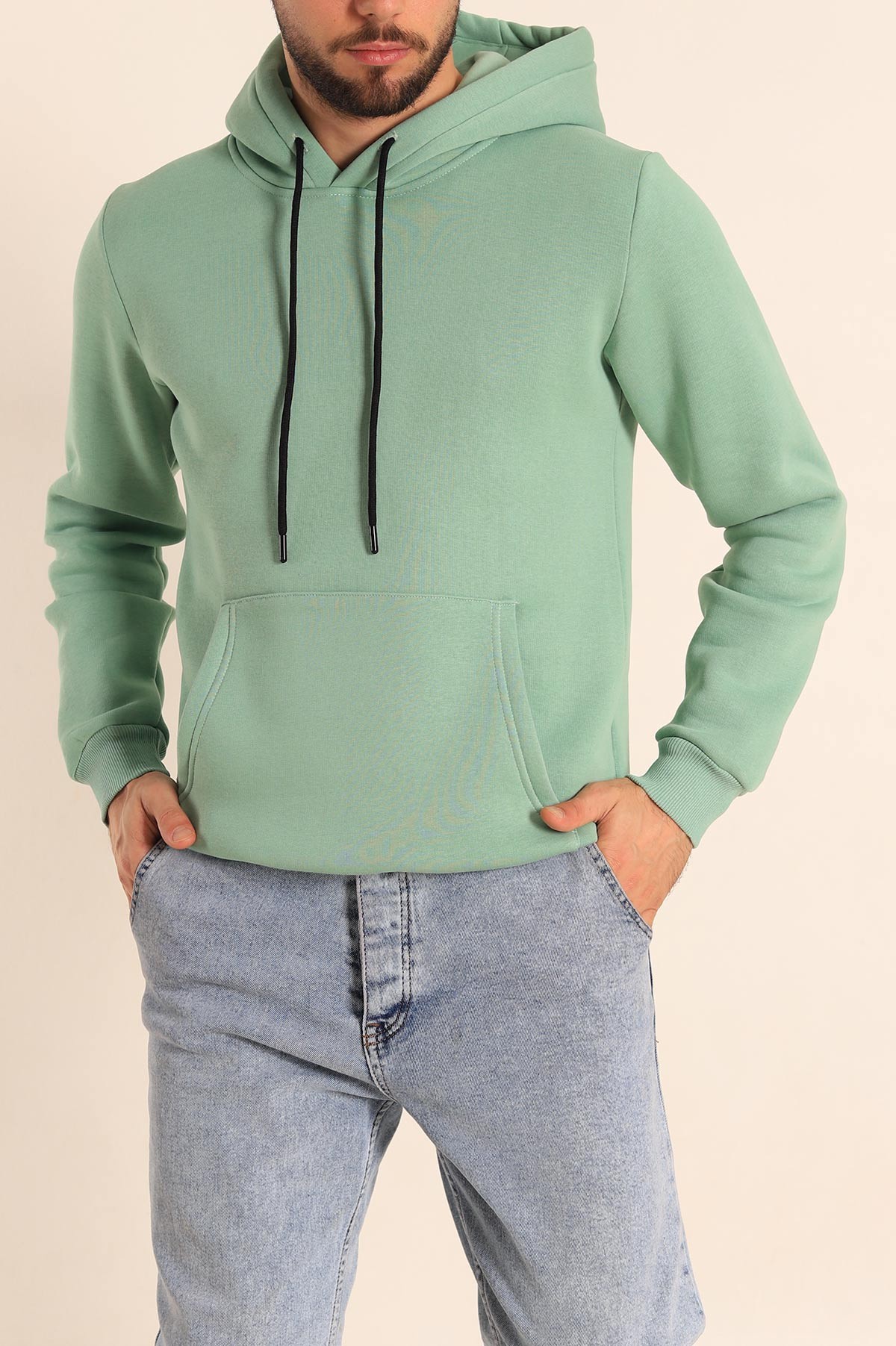 Su Yeşili Oversize Üç İp Şardonlu Basic Kapüşonlu Erkek Sweatshirt 222529