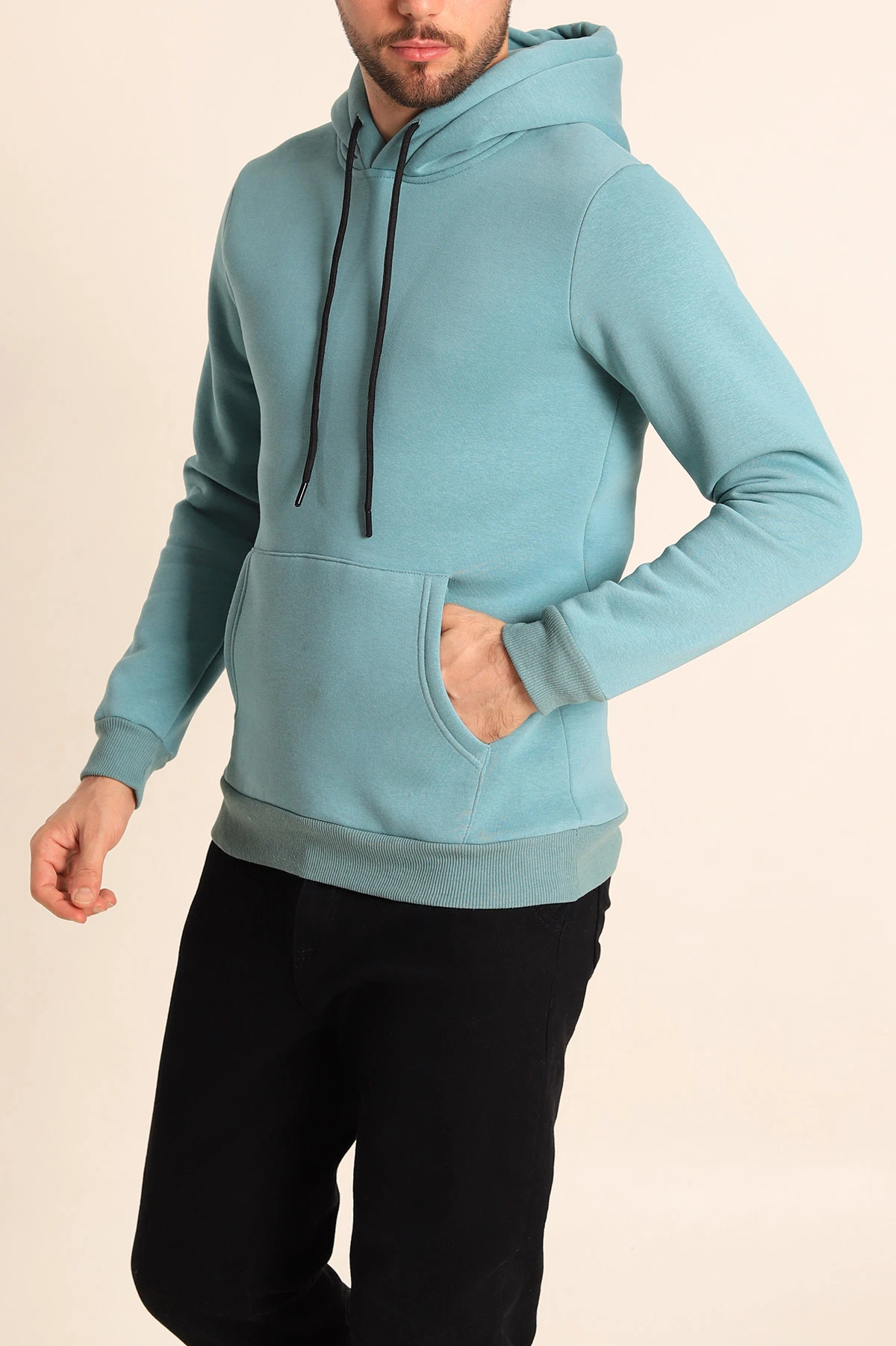 Su Yeşili Oversize Üç İp Şardonlu Basic Kapüşonlu Erkek Sweatshirt 227289
