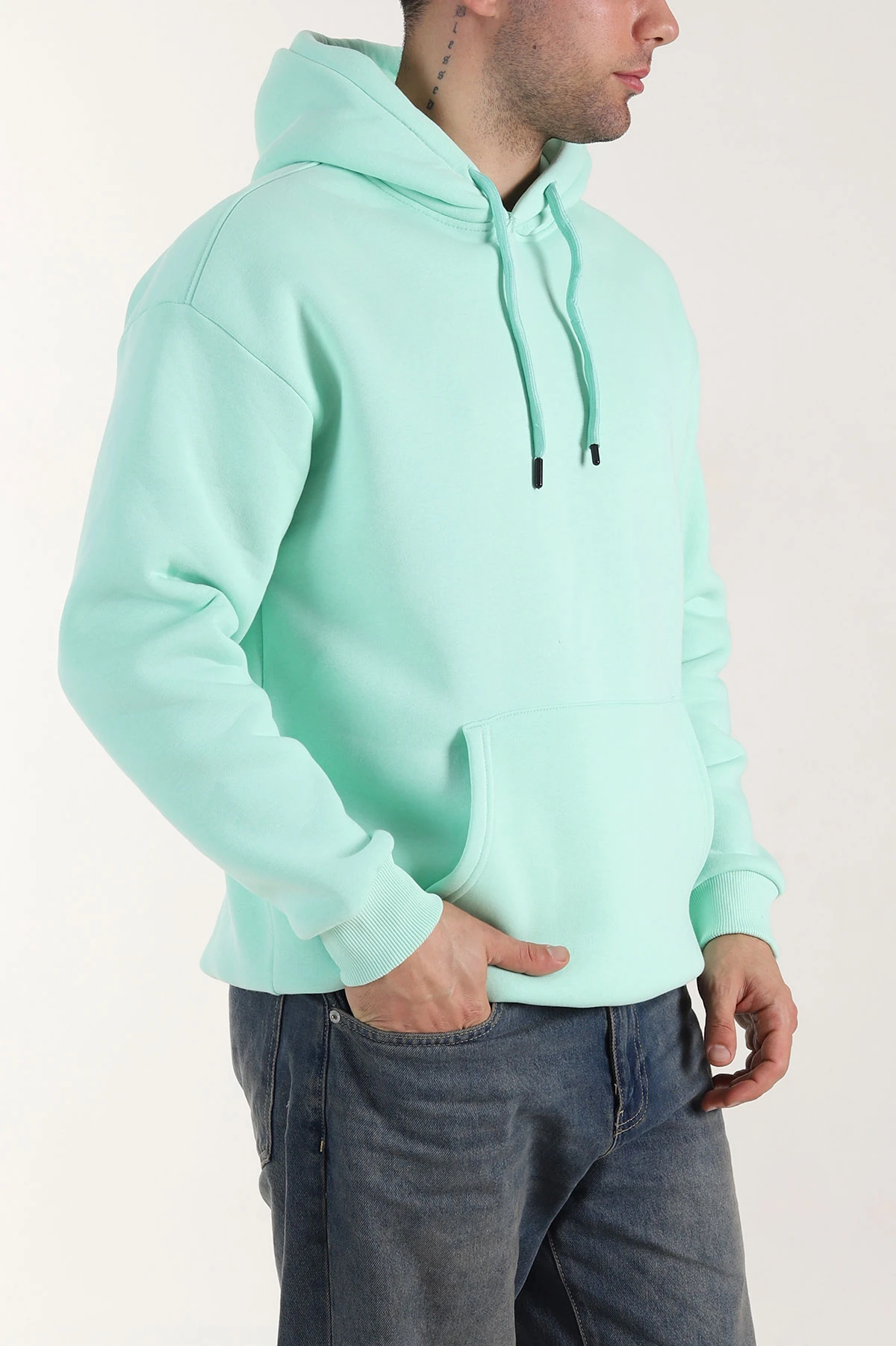 Su Yeşili Oversize Üç İp Şardonlu Erkek Basic Kapüşonlu Sweatshirt 321558