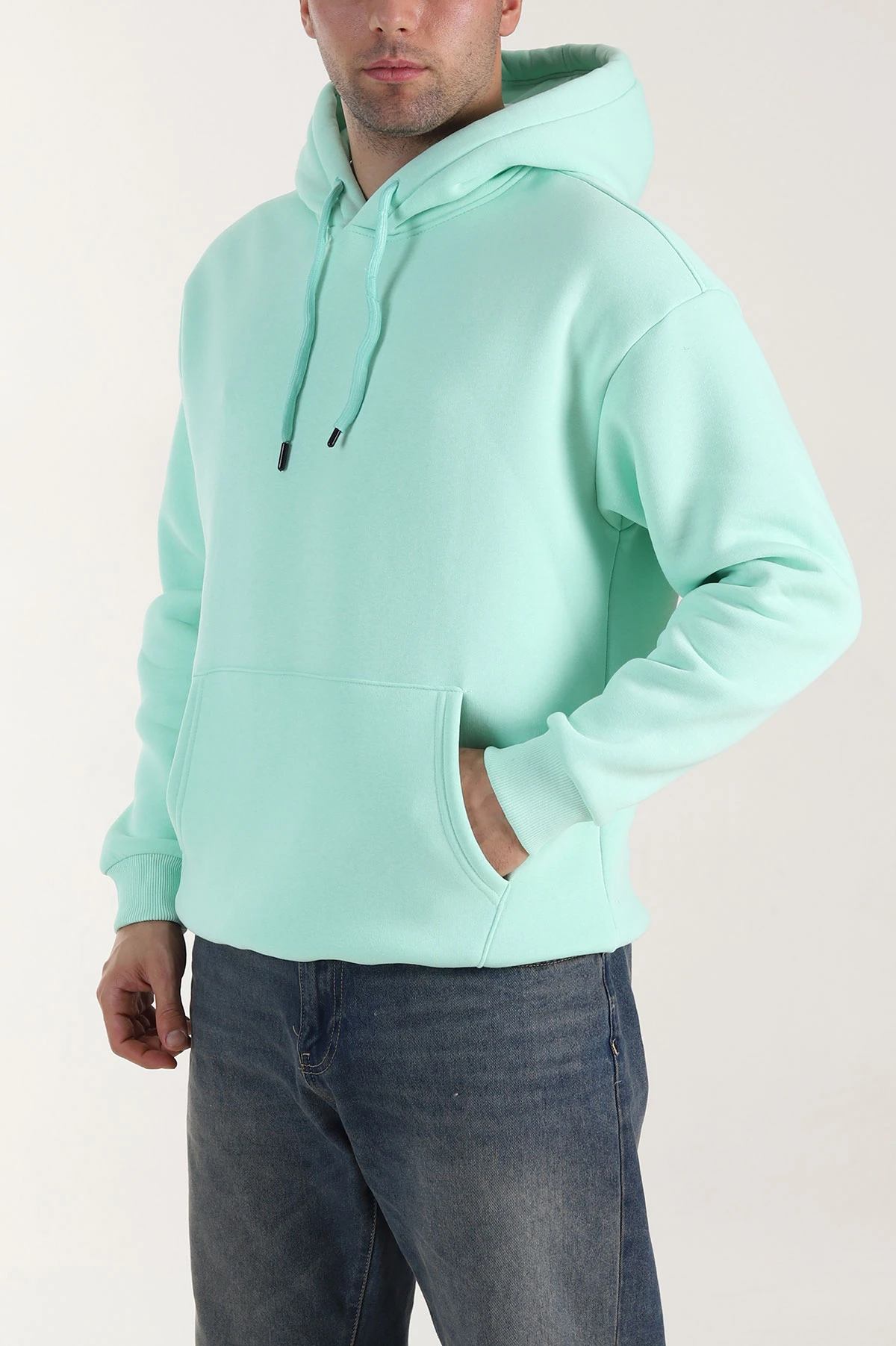 Su Yeşili Oversize Üç İp Şardonlu Erkek Basic Kapüşonlu Sweatshirt 321558