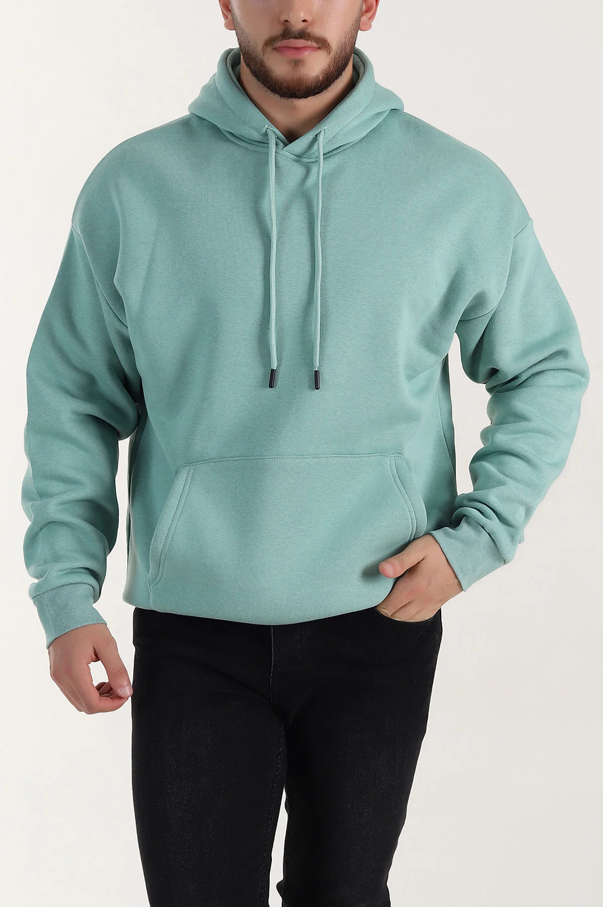 Su Yeşili Oversize Üç İp Şardonlu Erkek Basic Kapüşonlu Sweatshirt 398910