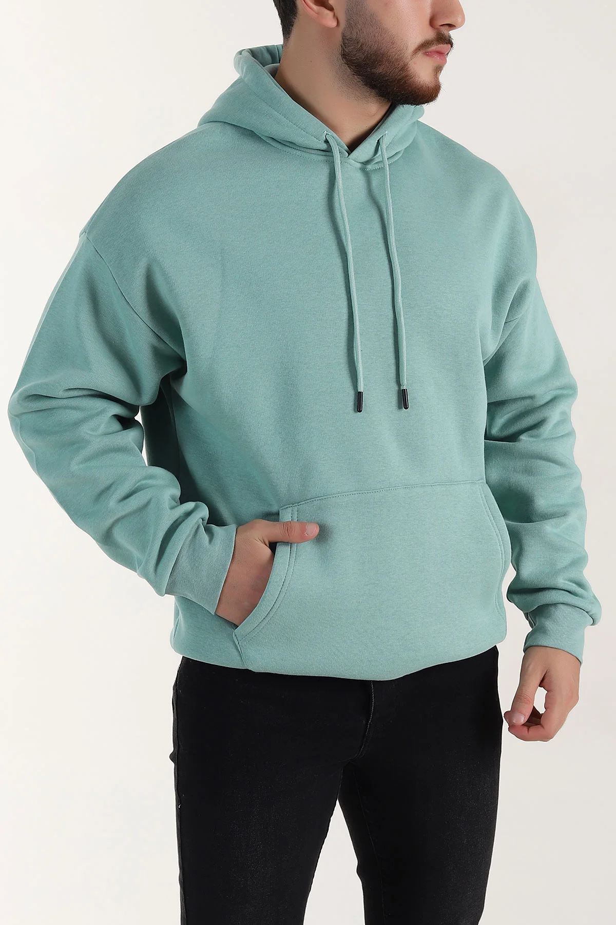 Su Yeşili Oversize Üç İp Şardonlu Erkek Basic Kapüşonlu Sweatshirt 398910