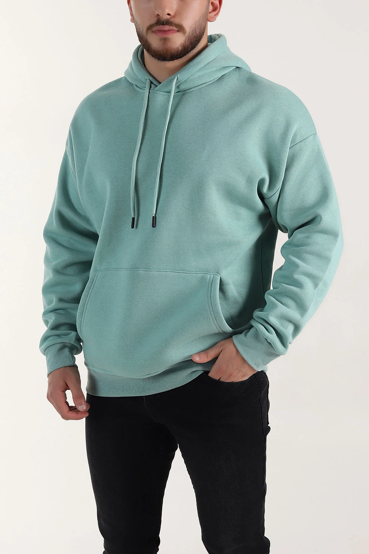 Su Yeşili Oversize Üç İp Şardonlu Erkek Basic Kapüşonlu Sweatshirt 398910