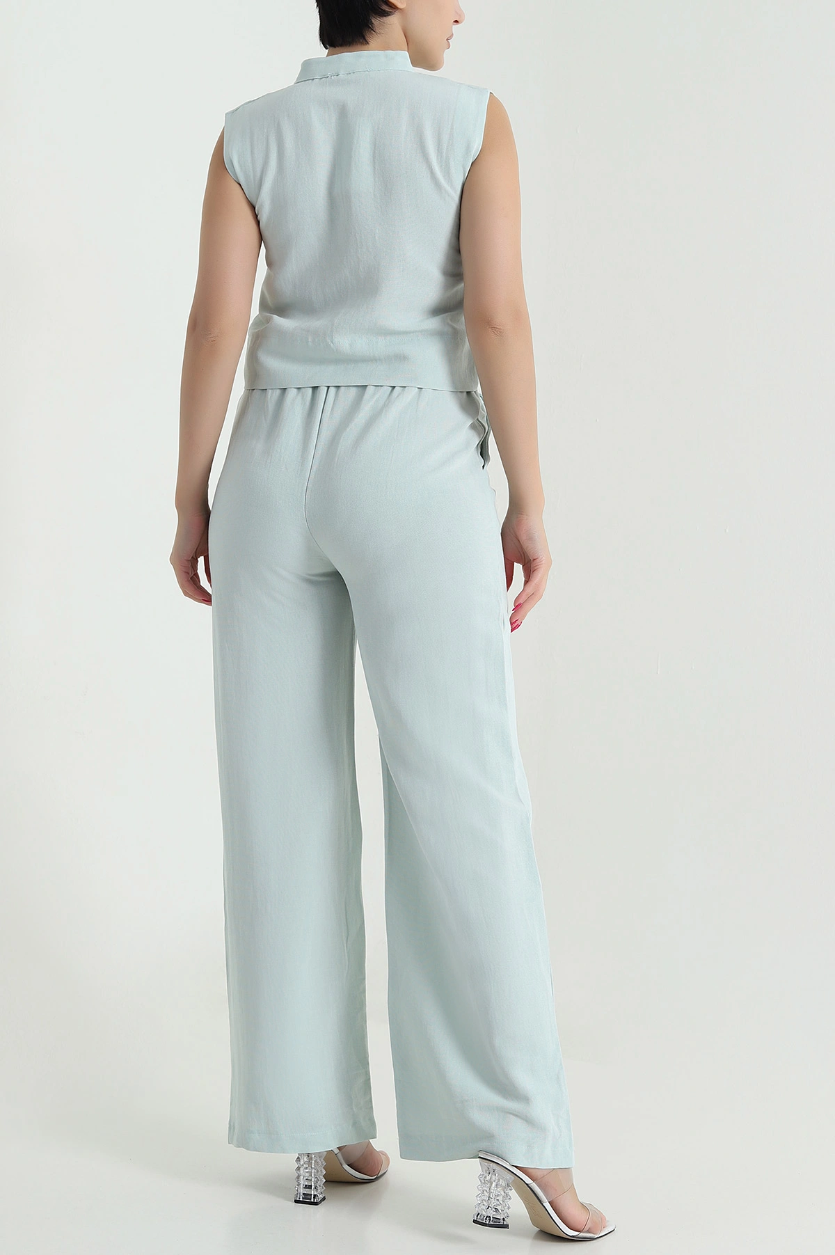 Su Yeşili Pantolon Bluz Keten Kadın İkili Takım 479513