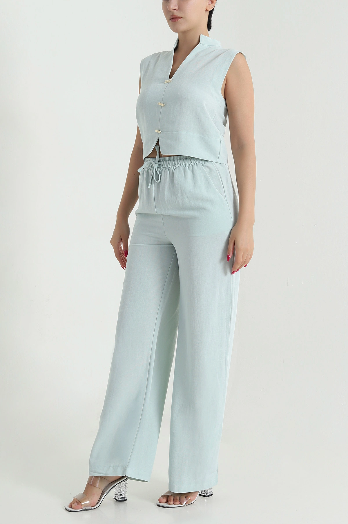 Su Yeşili Pantolon Bluz Keten Kadın İkili Takım 479513