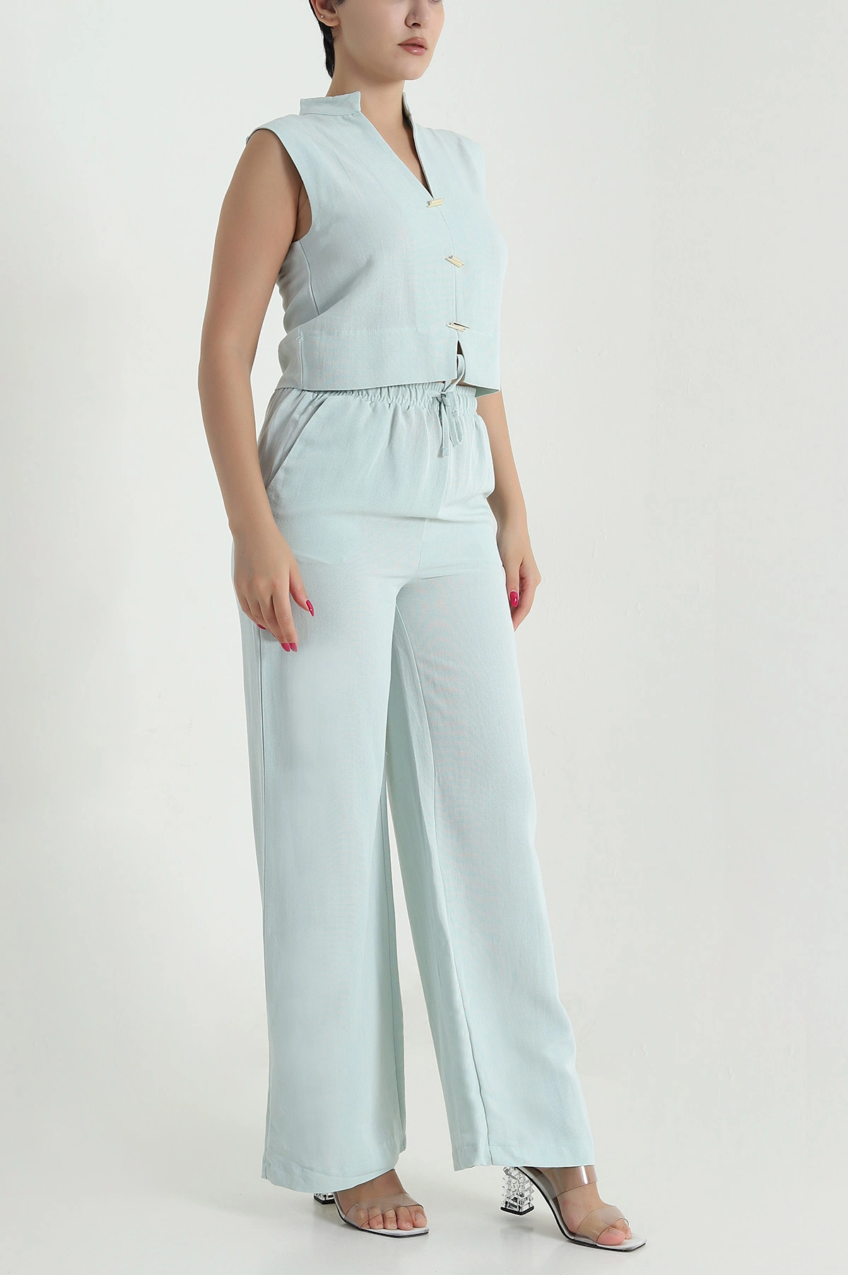 Su Yeşili Pantolon Bluz Keten Kadın İkili Takım 479513