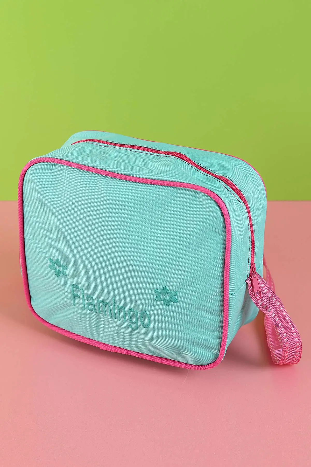Su Yeşili Peluş Flamingo Kabartma Desenli Beslenme Çantalı İkili Sırt Çantası Seti 288995