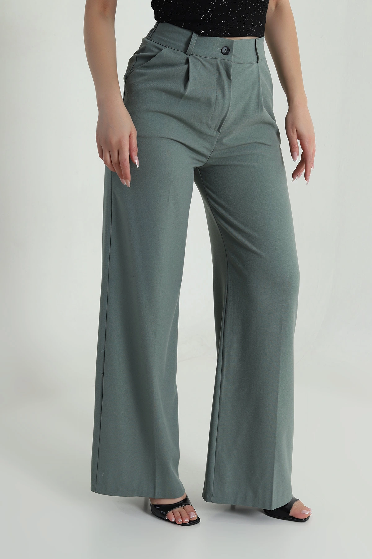 Su Yeşili Pileli Cepli Double Kadın Pantolon 486956