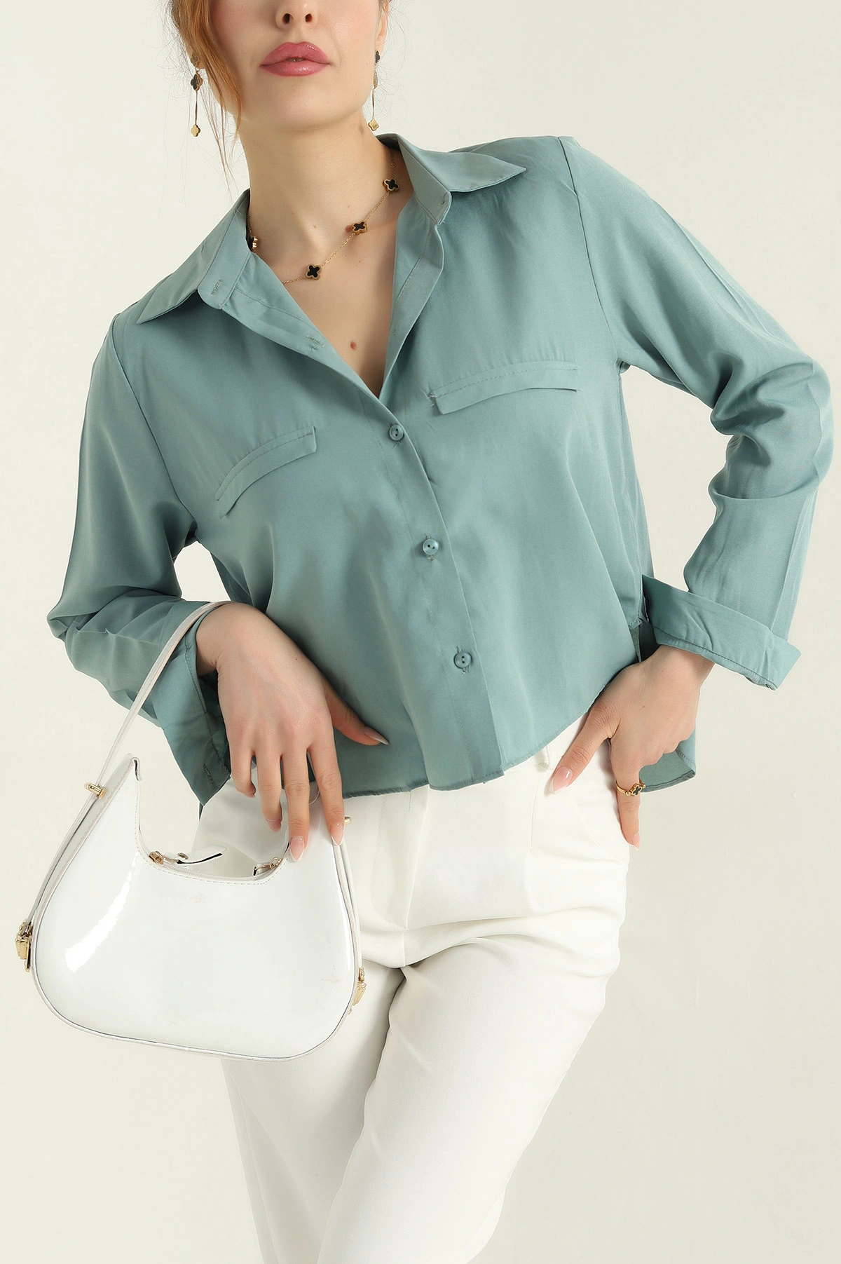 Su Yeşili Poplin Kumaş Kadın Crop Gömlek 355800