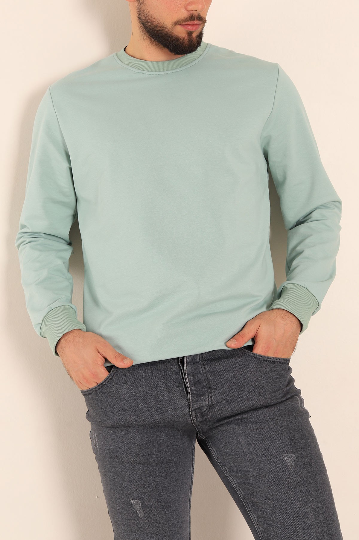 Su Yeşili Regular Fit Basic Bisiklet Yaka Erkek Sweatshirt 217619