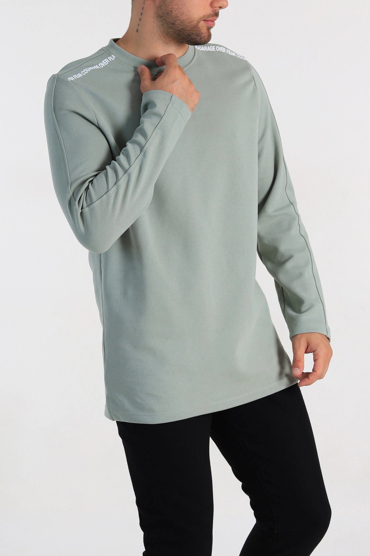 Su Yeşili Regular Fit Baskı Detay Erkek Basic Sweatshirt 305715