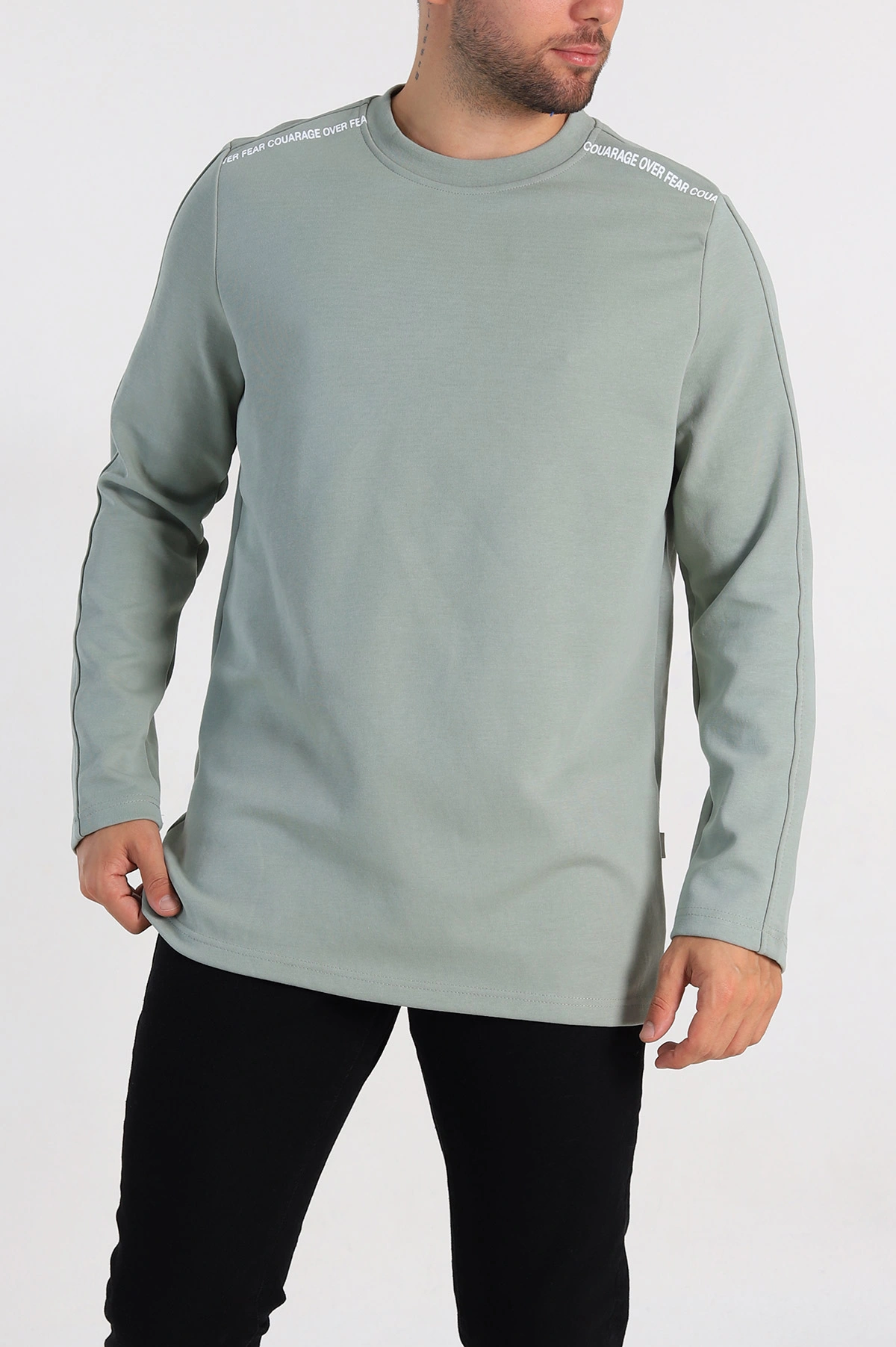 Su Yeşili Regular Fit Baskı Detay Erkek Basic Sweatshirt 305715
