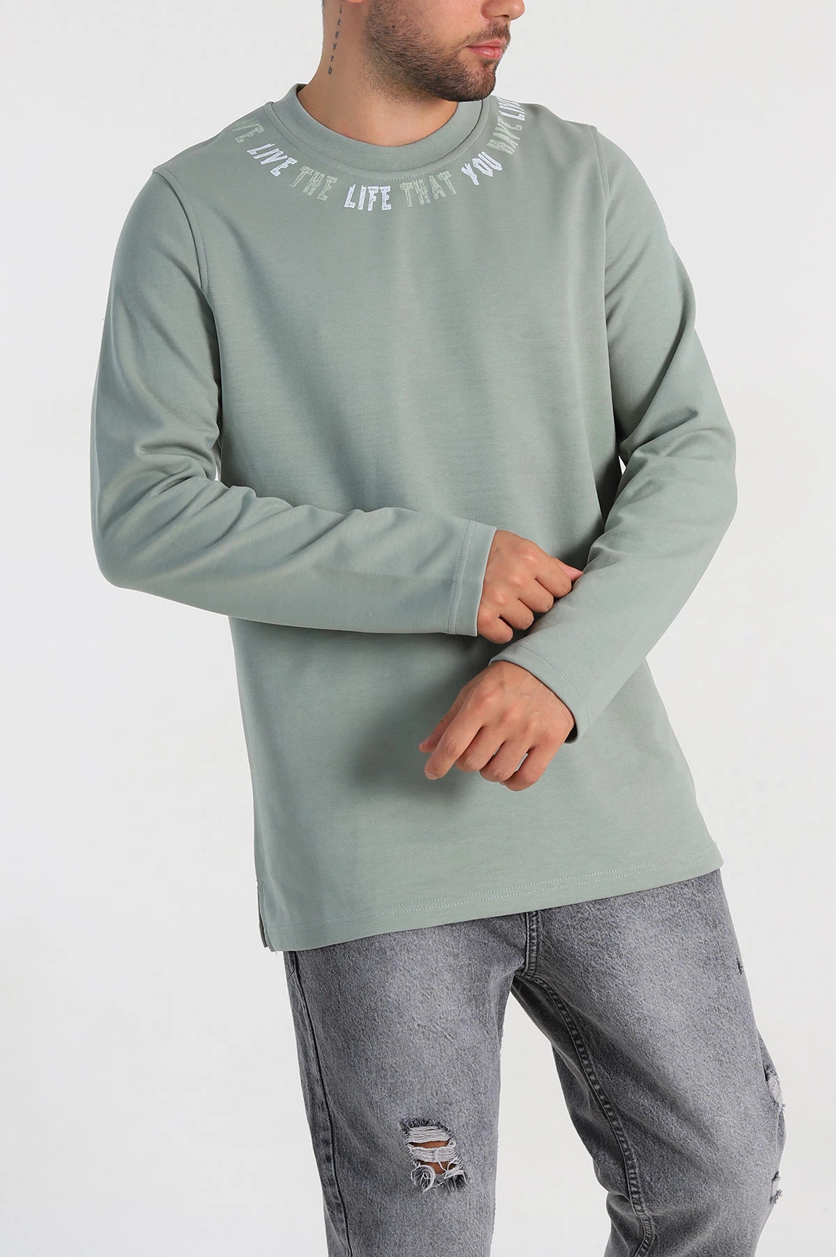 Su Yeşili Regular Fit Baskı Detaylı Erkek Sweatshirt 305843