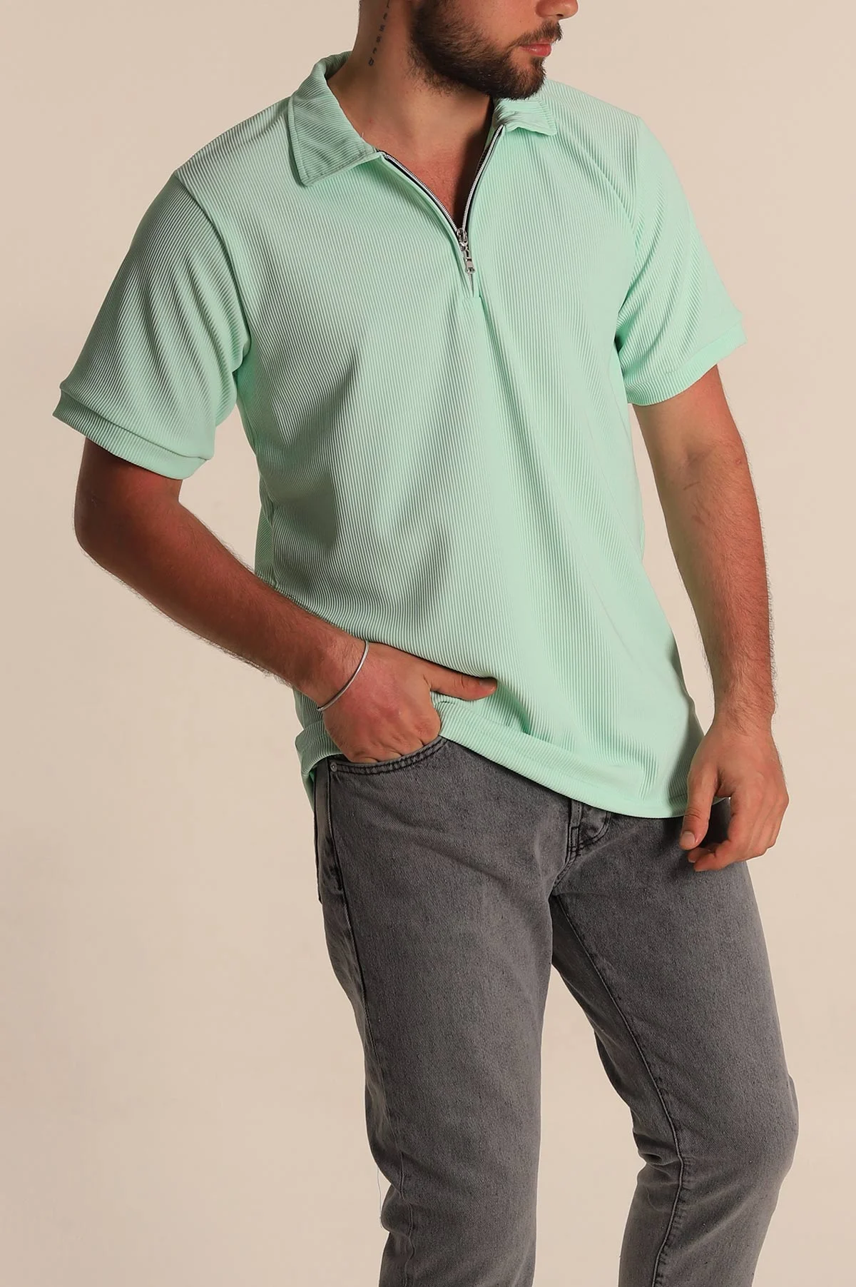 Su Yeşili Regular Fit Çizgi Dokulu Fermuarlı Polo Yaka Erkek Tişört 277167