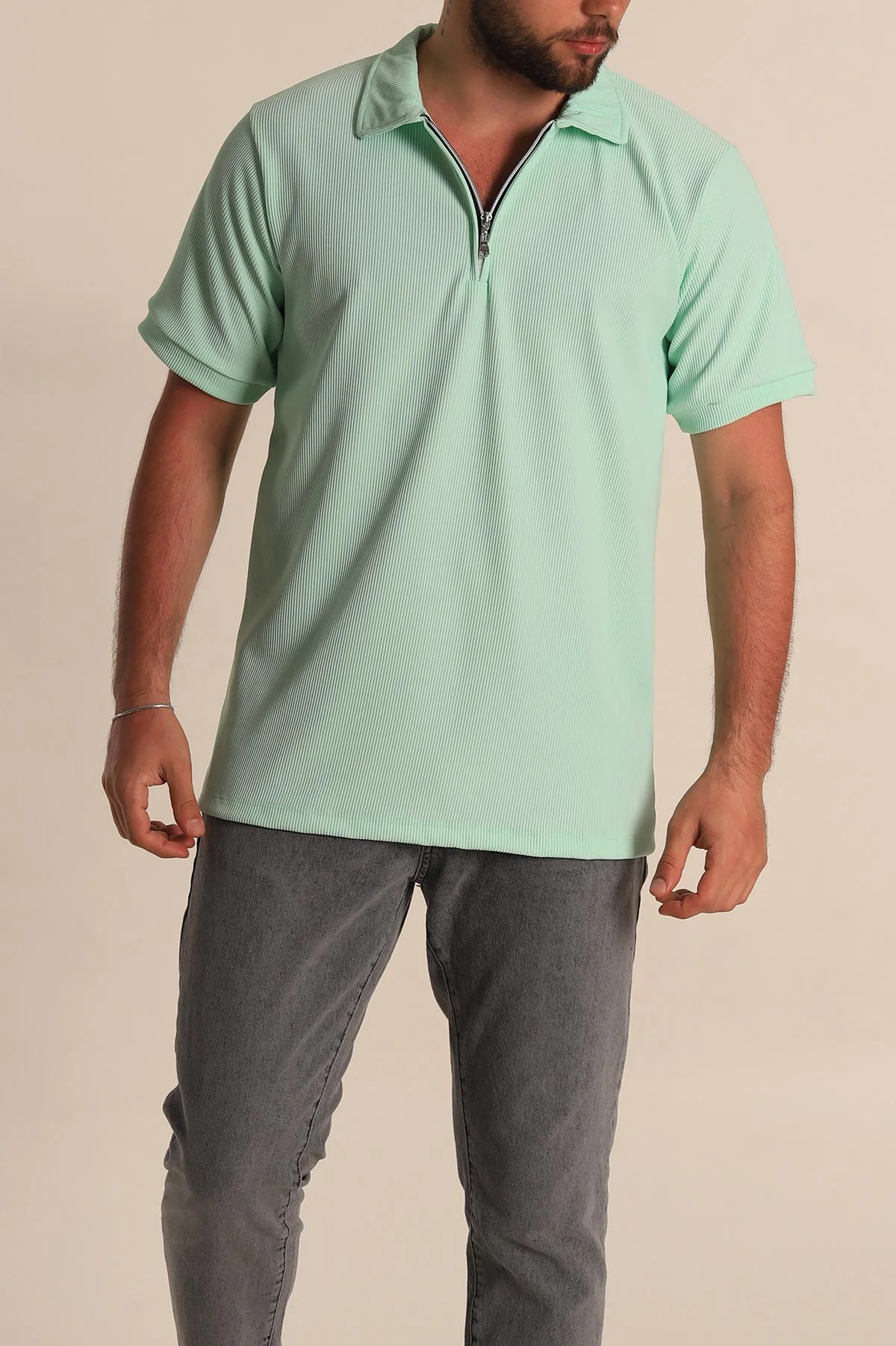 Su Yeşili Regular Fit Çizgi Dokulu Fermuarlı Polo Yaka Erkek Tişört 277167
