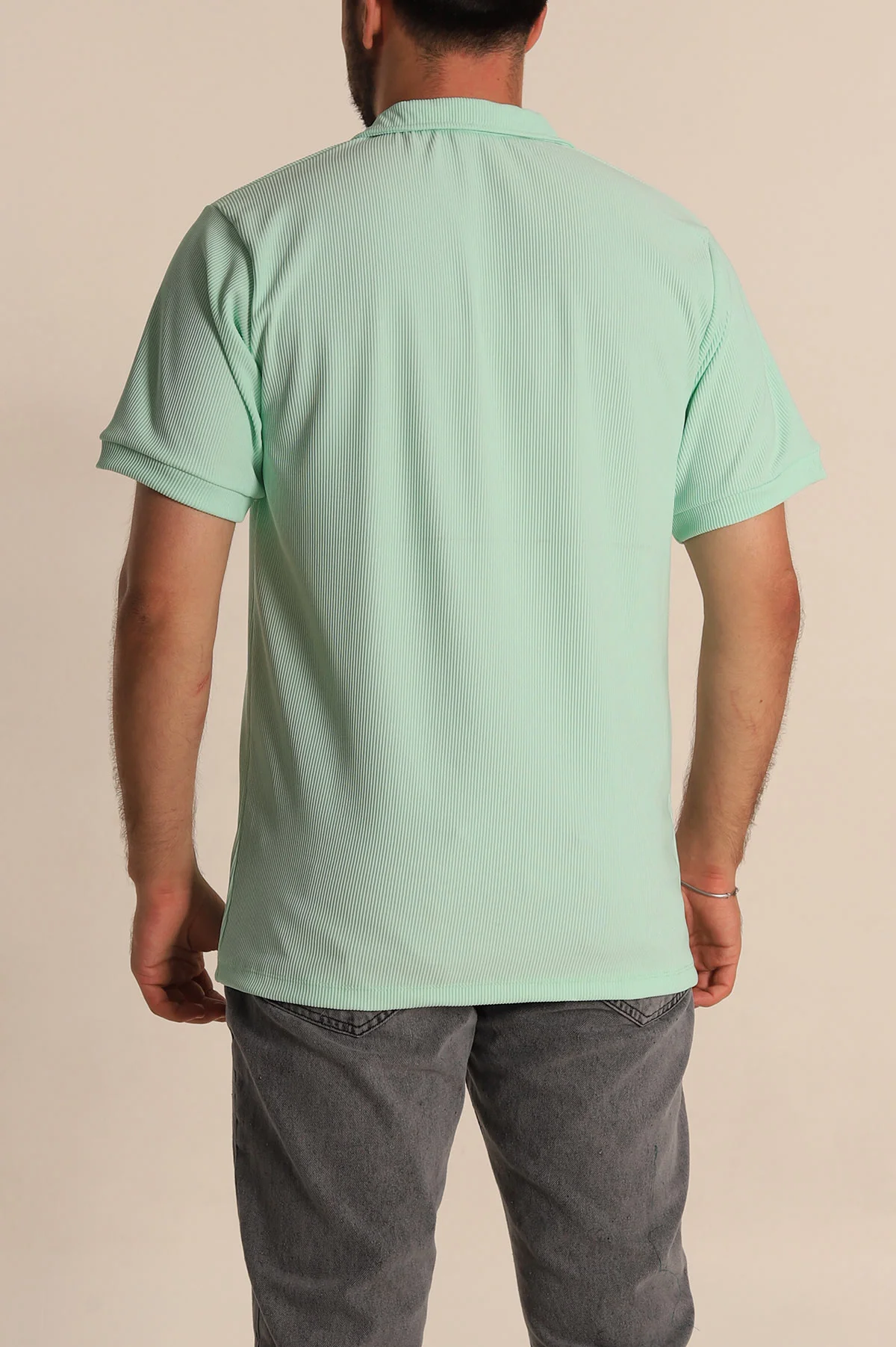 Su Yeşili Regular Fit Çizgi Dokulu Fermuarlı Polo Yaka Erkek Tişört 277167