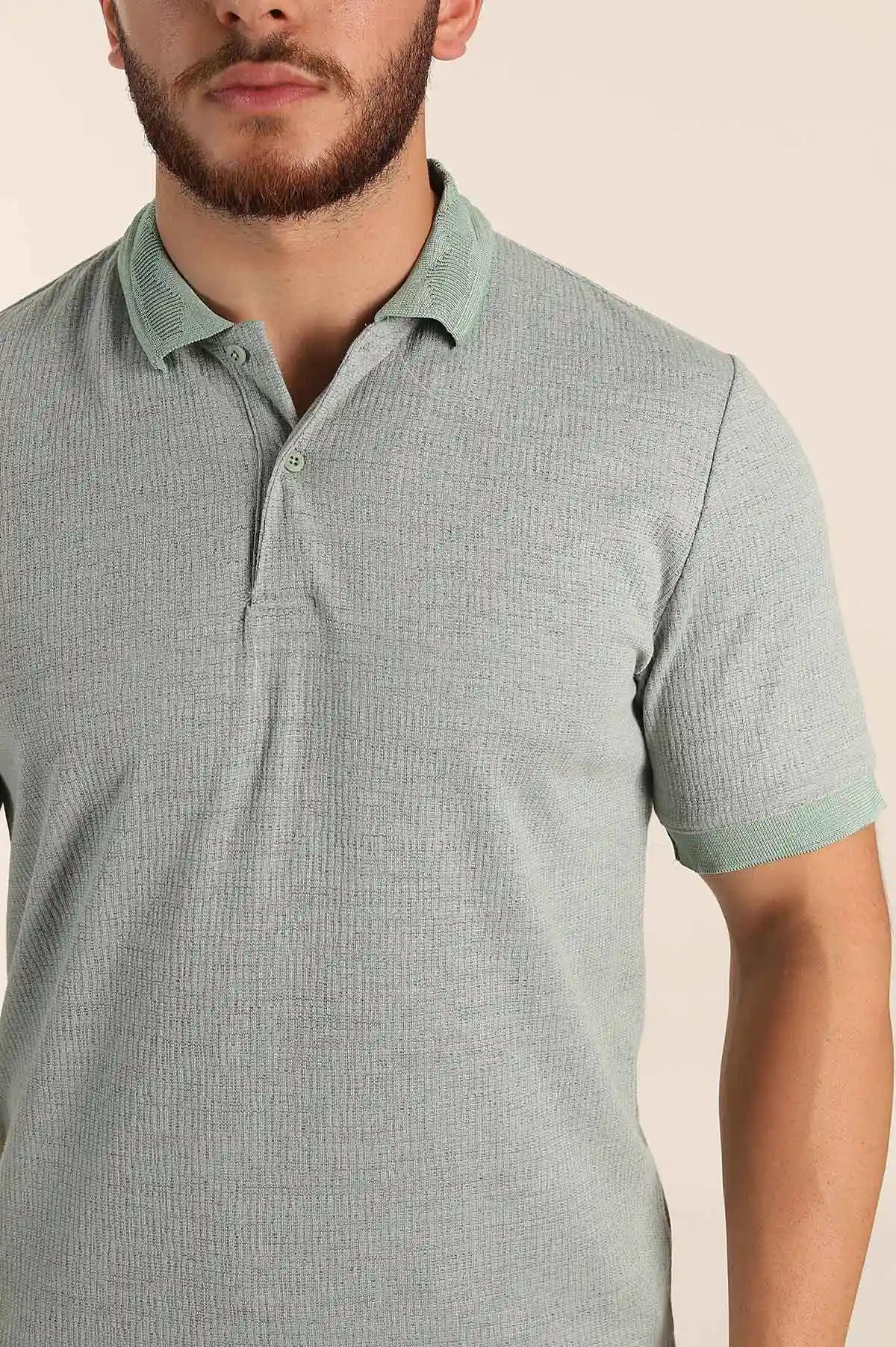 Su Yeşili Regular Fit Dokulu Düğmeli Polo Yaka Erkek Triko Tişört 370070