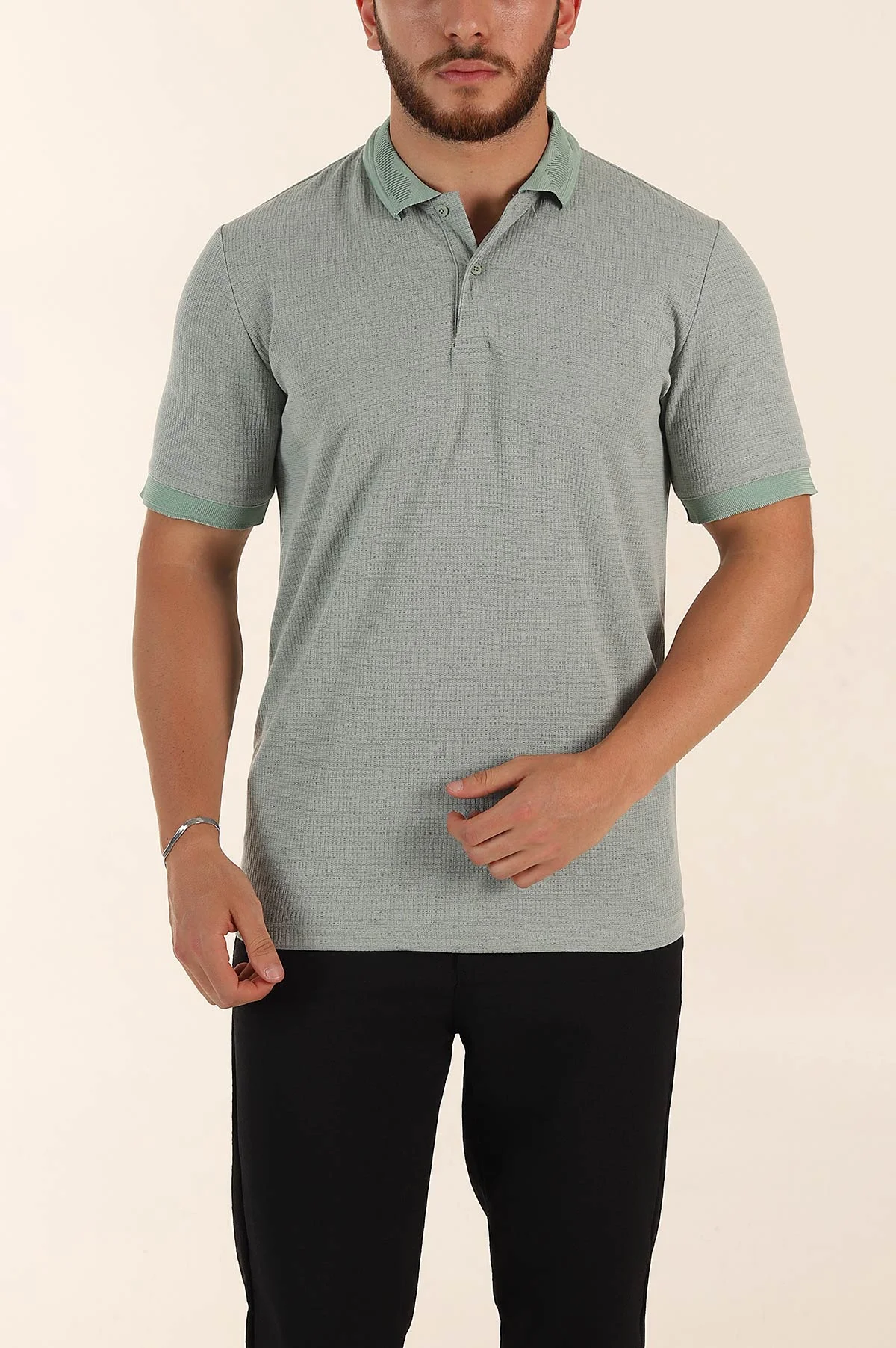 Su Yeşili Regular Fit Dokulu Düğmeli Polo Yaka Erkek Triko Tişört 370070