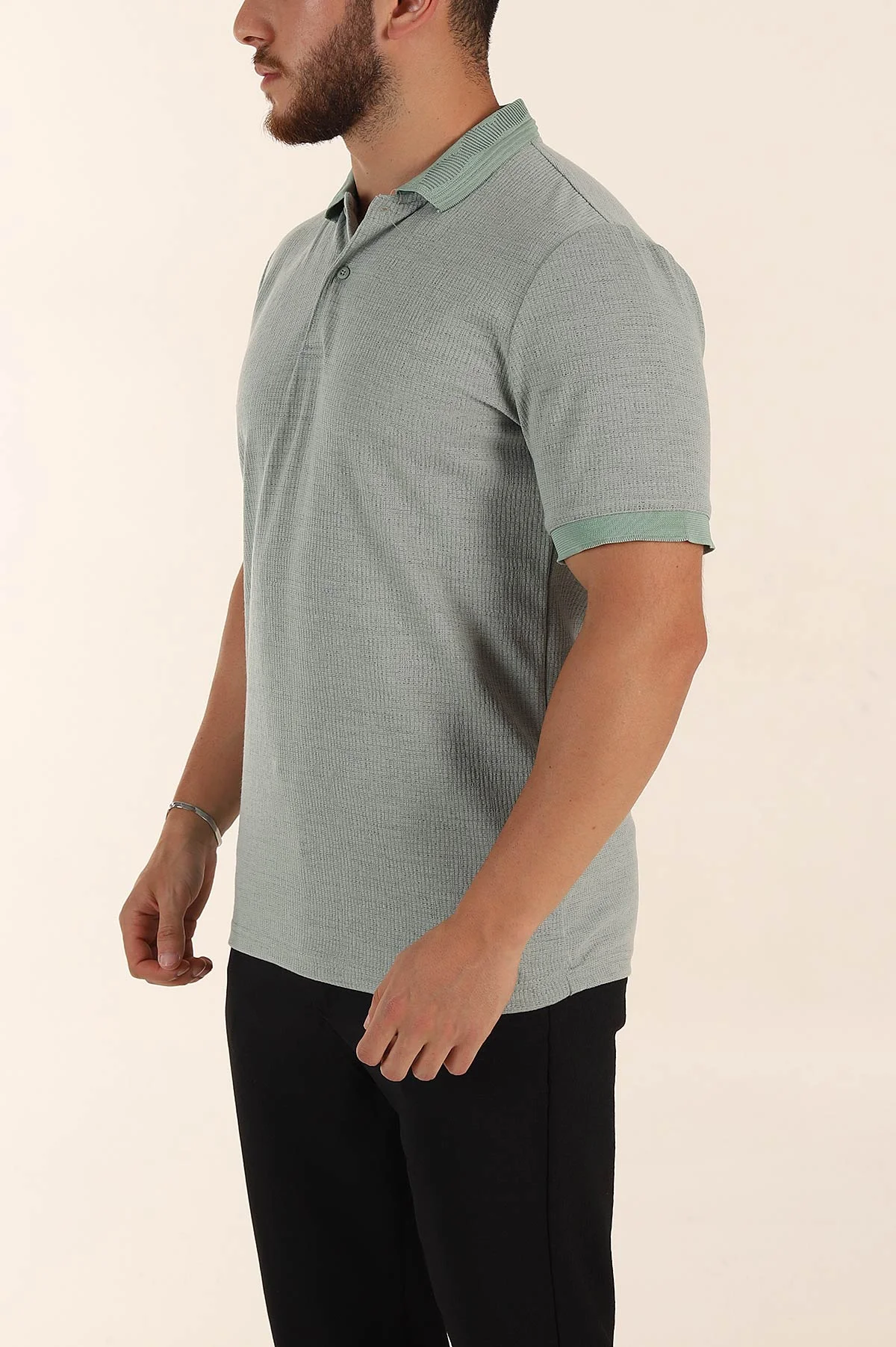 Su Yeşili Regular Fit Dokulu Düğmeli Polo Yaka Erkek Triko Tişört 370070