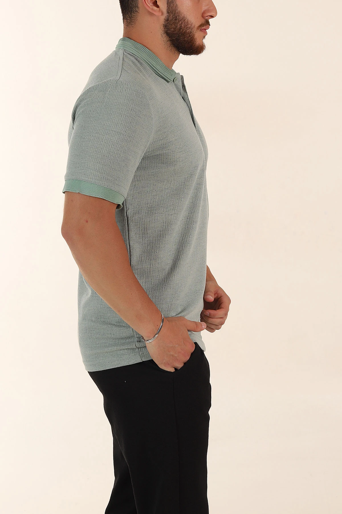 Su Yeşili Regular Fit Dokulu Düğmeli Polo Yaka Erkek Triko Tişört 370070