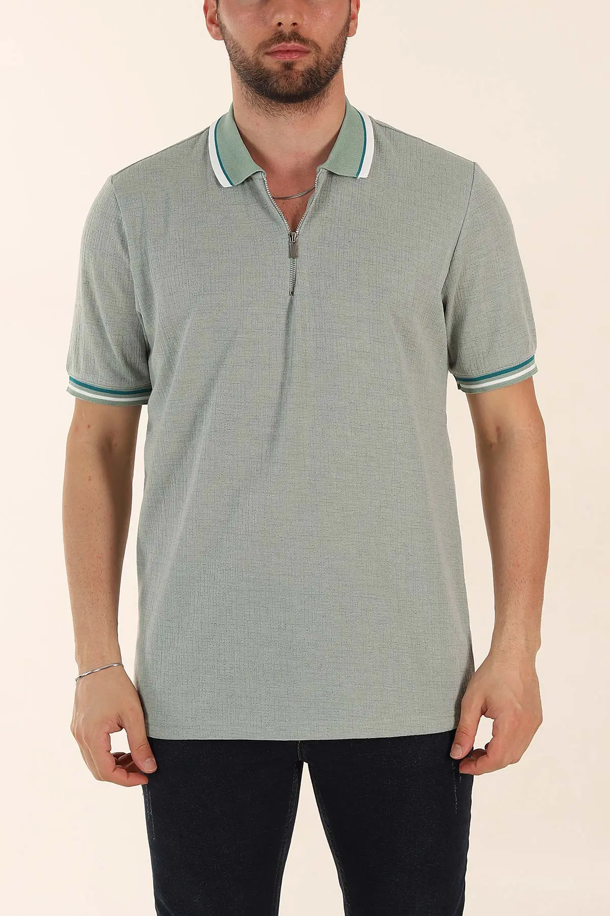 Su Yeşili Regular Fit Dokulu Fermuarlı Polo Yaka Erkek Triko Tişört 370058