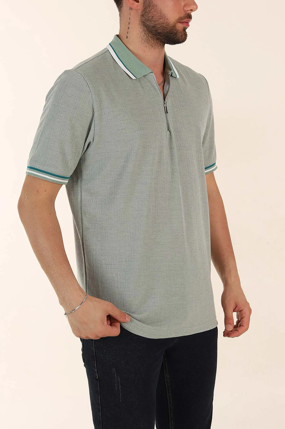 Su Yeşili Regular Fit Dokulu Fermuarlı Polo Yaka Erkek Triko Tişört 370058