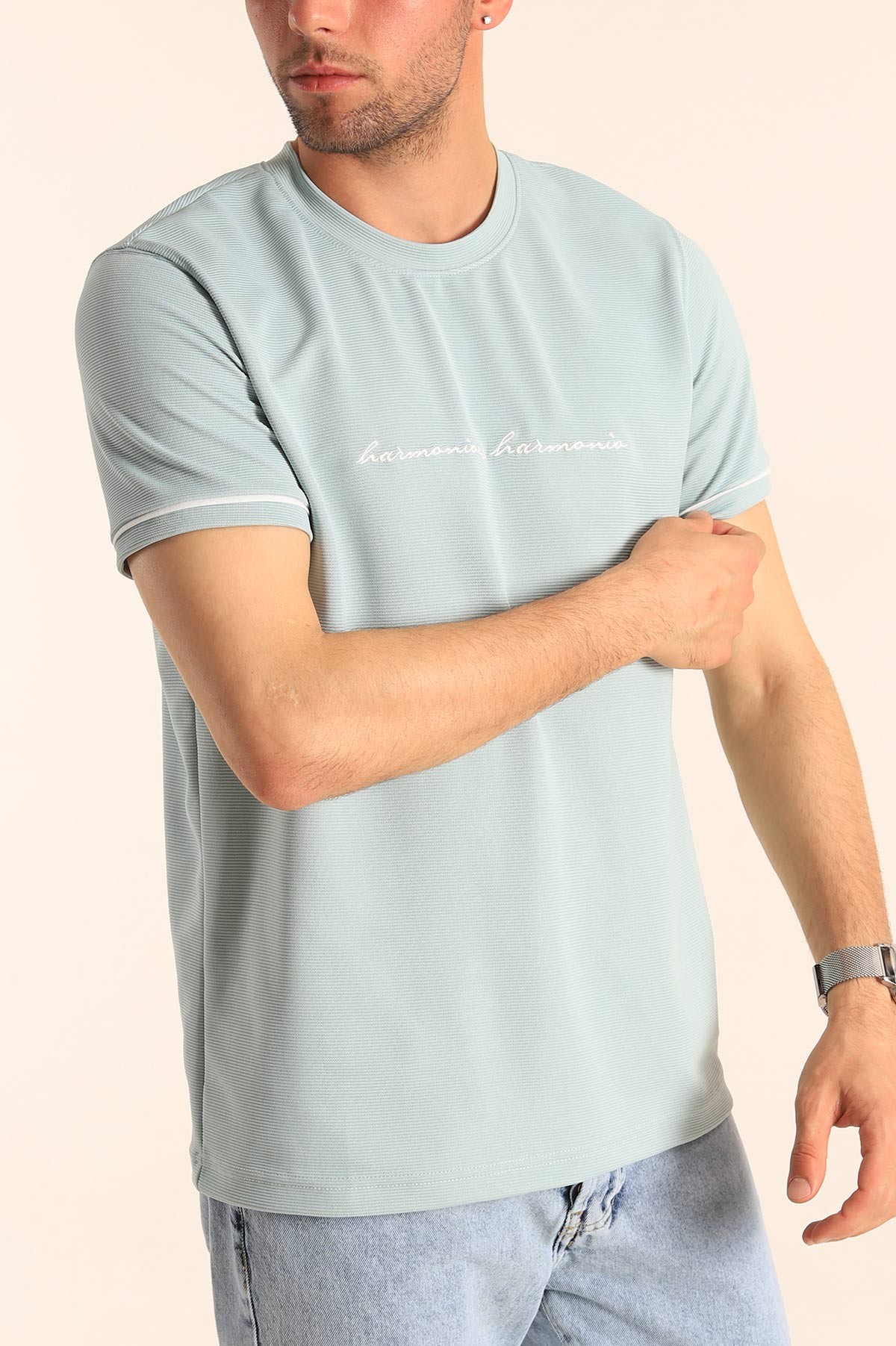 Su Yeşili Regular Fit Dokulu Nakışlı Yazı Detay Erkek Tişört 182160