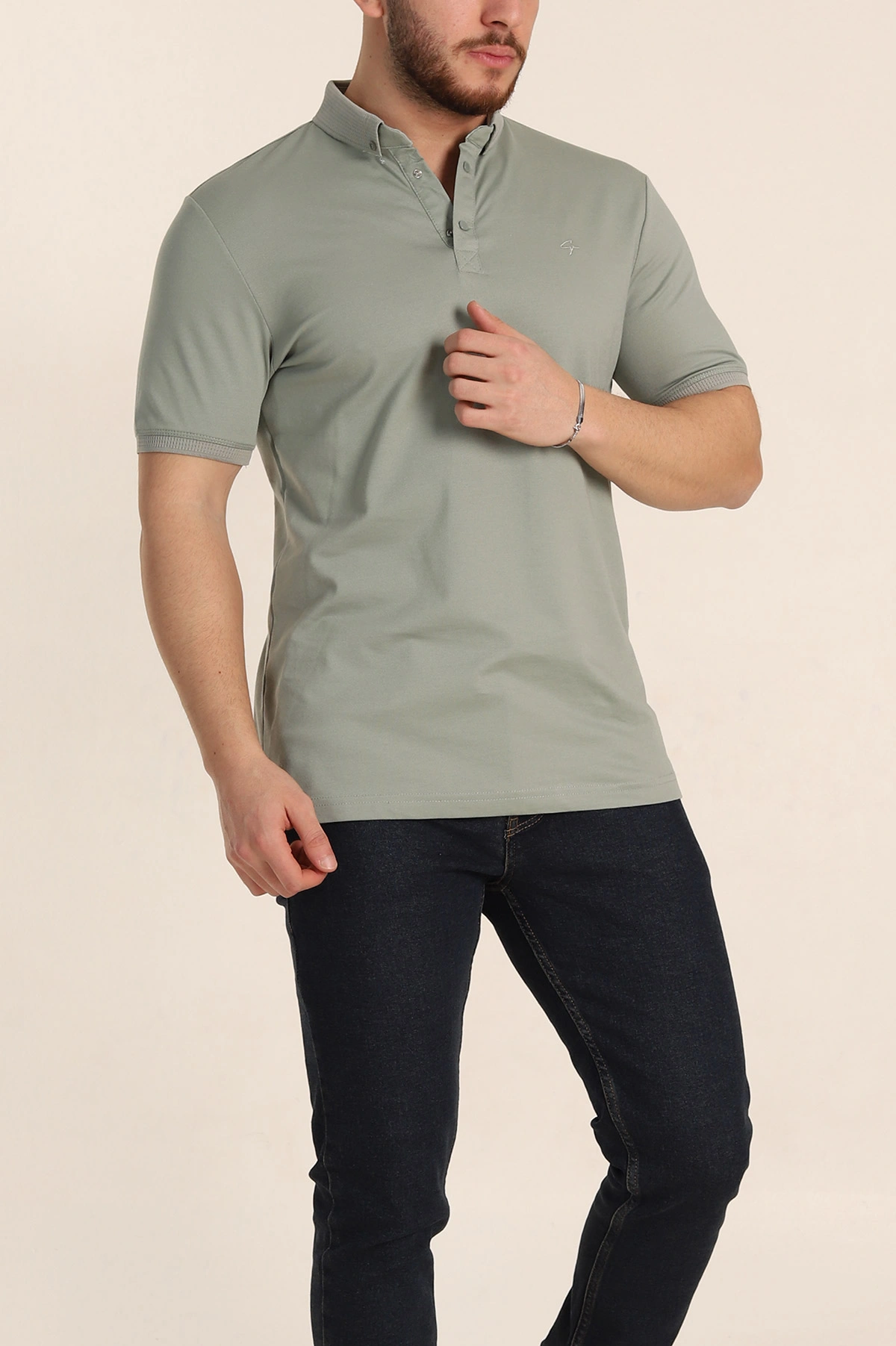 Su Yeşili Regular Fit Dokulu Polo Yaka Erkek Tişört 342496
