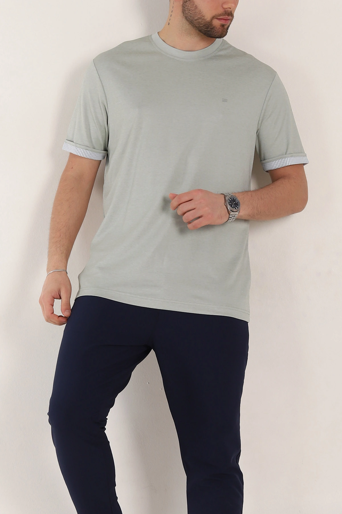 Su Yeşili Regular Fit Duble Kol Detaylı Basic Erkek Tişört 346186