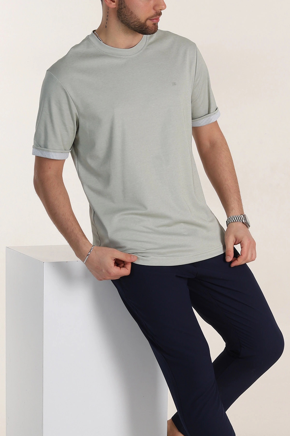 Su Yeşili Regular Fit Duble Kol Detaylı Basic Erkek Tişört 346186