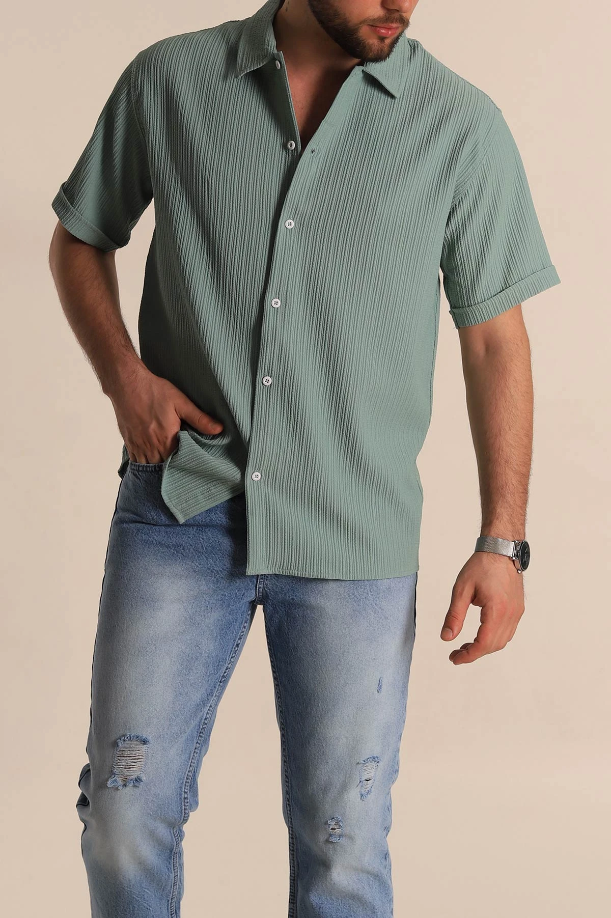 Su Yeşili Regular Fit Fitilli Doku Kısa Kollu Erkek Gömlek 275493