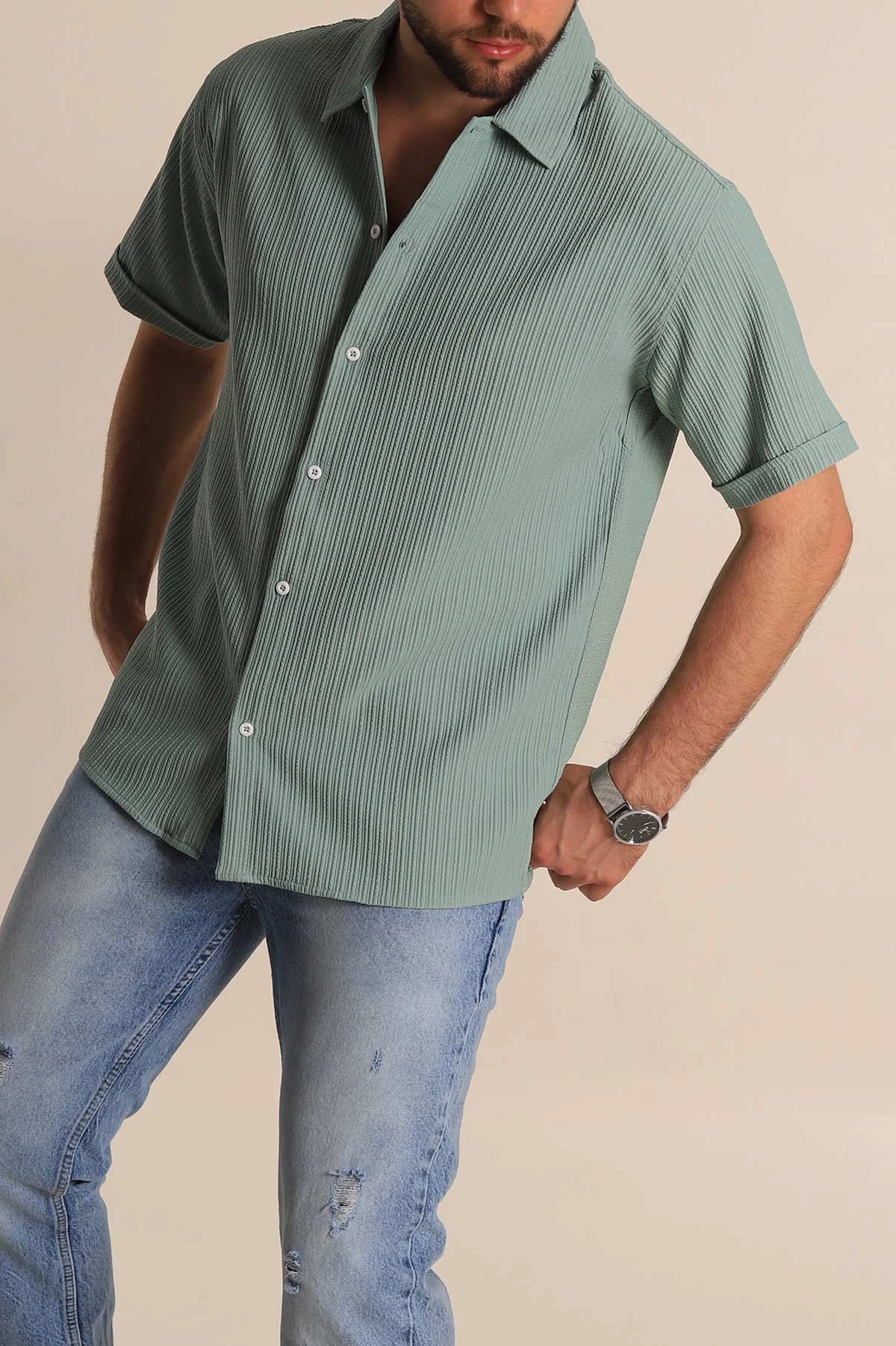 Su Yeşili Regular Fit Fitilli Doku Kısa Kollu Erkek Gömlek 275493
