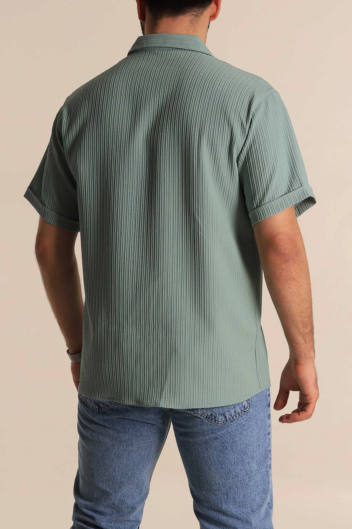 Su Yeşili Regular Fit Fitilli Doku Kısa Kollu Erkek Gömlek 275493