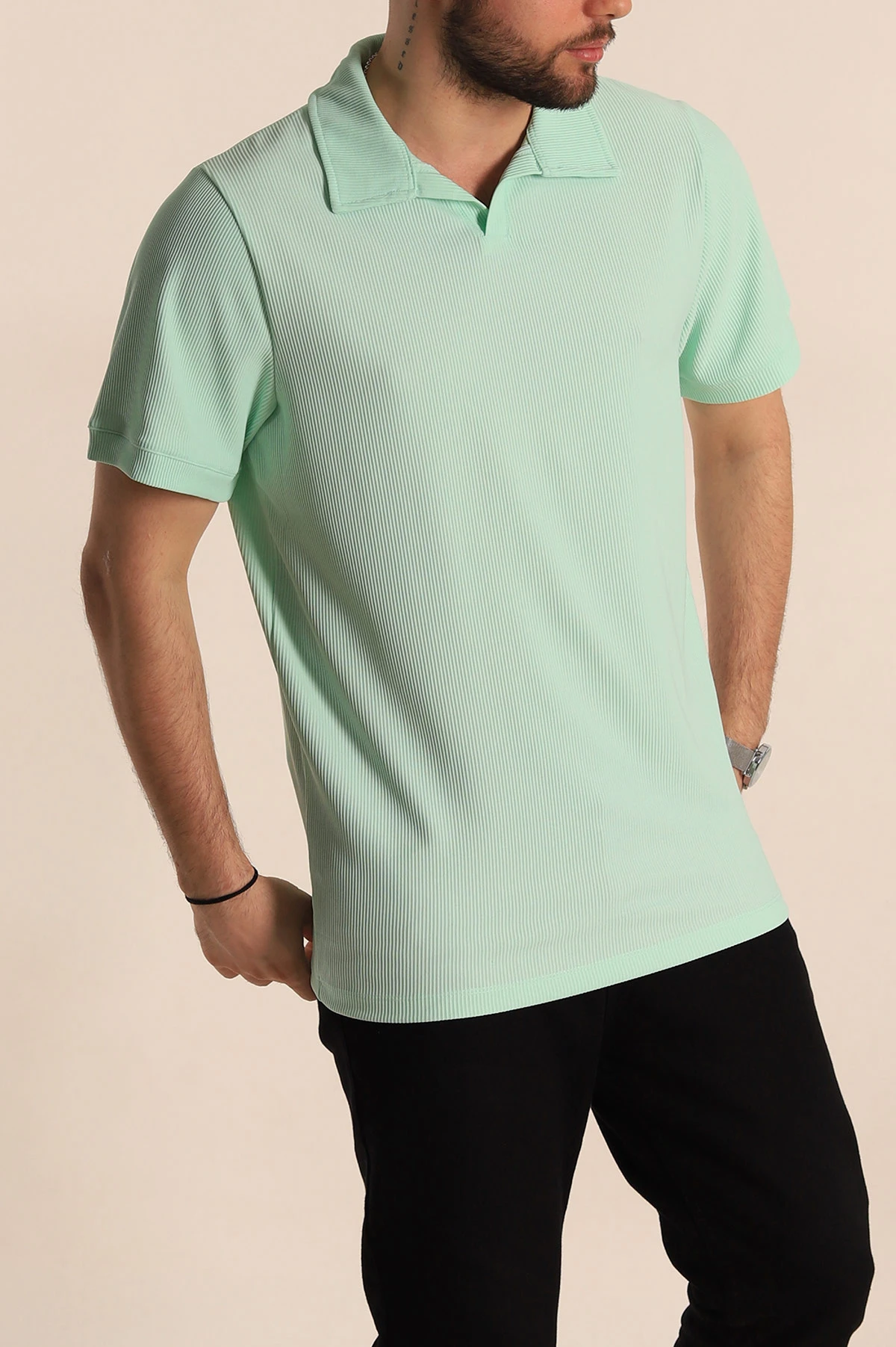 Su Yeşili Regular Fit Fitilli Doku Patlı Polo Yaka Erkek Tişört 270578