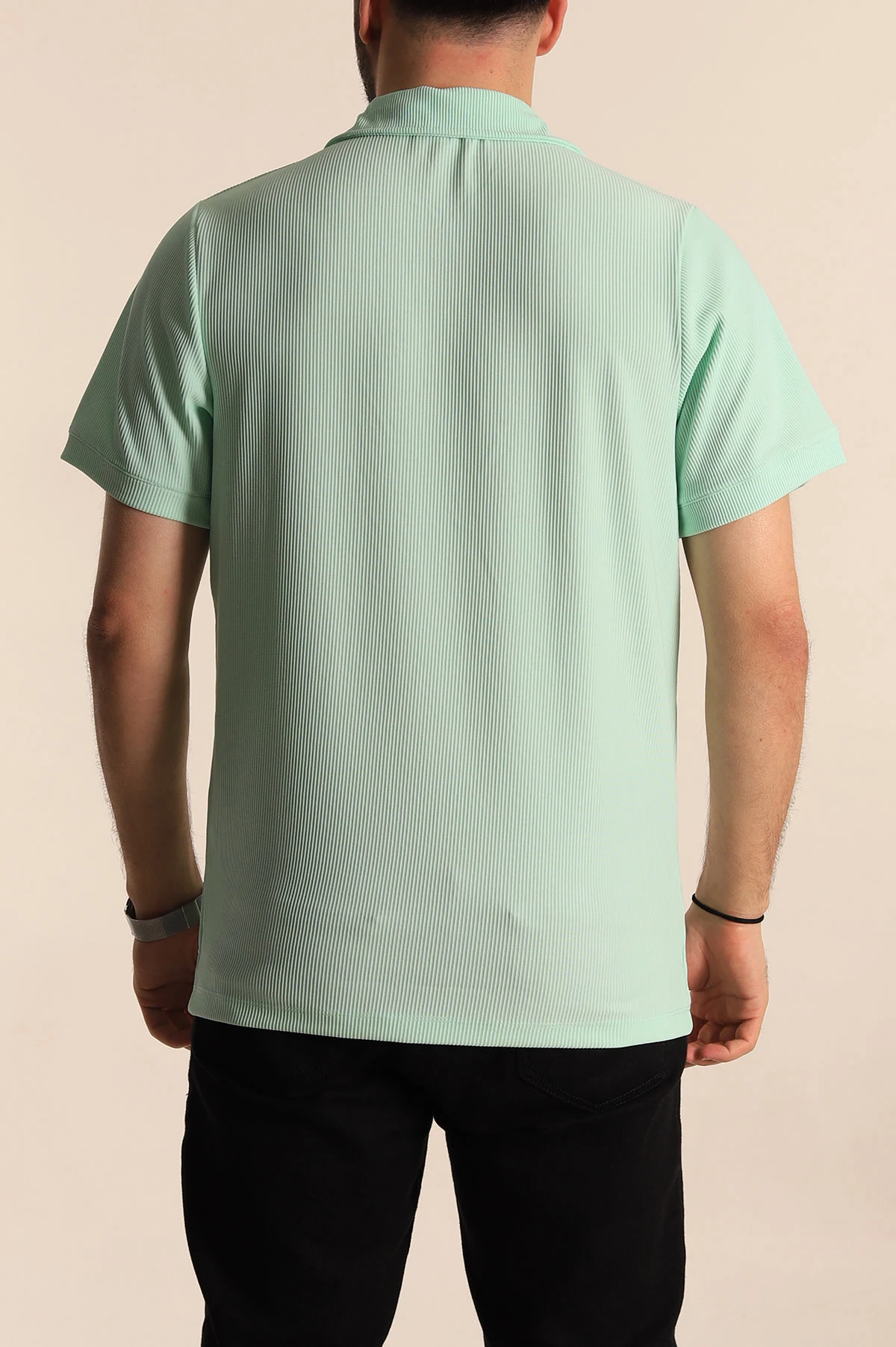 Su Yeşili Regular Fit Fitilli Doku Patlı Polo Yaka Erkek Tişört 270578