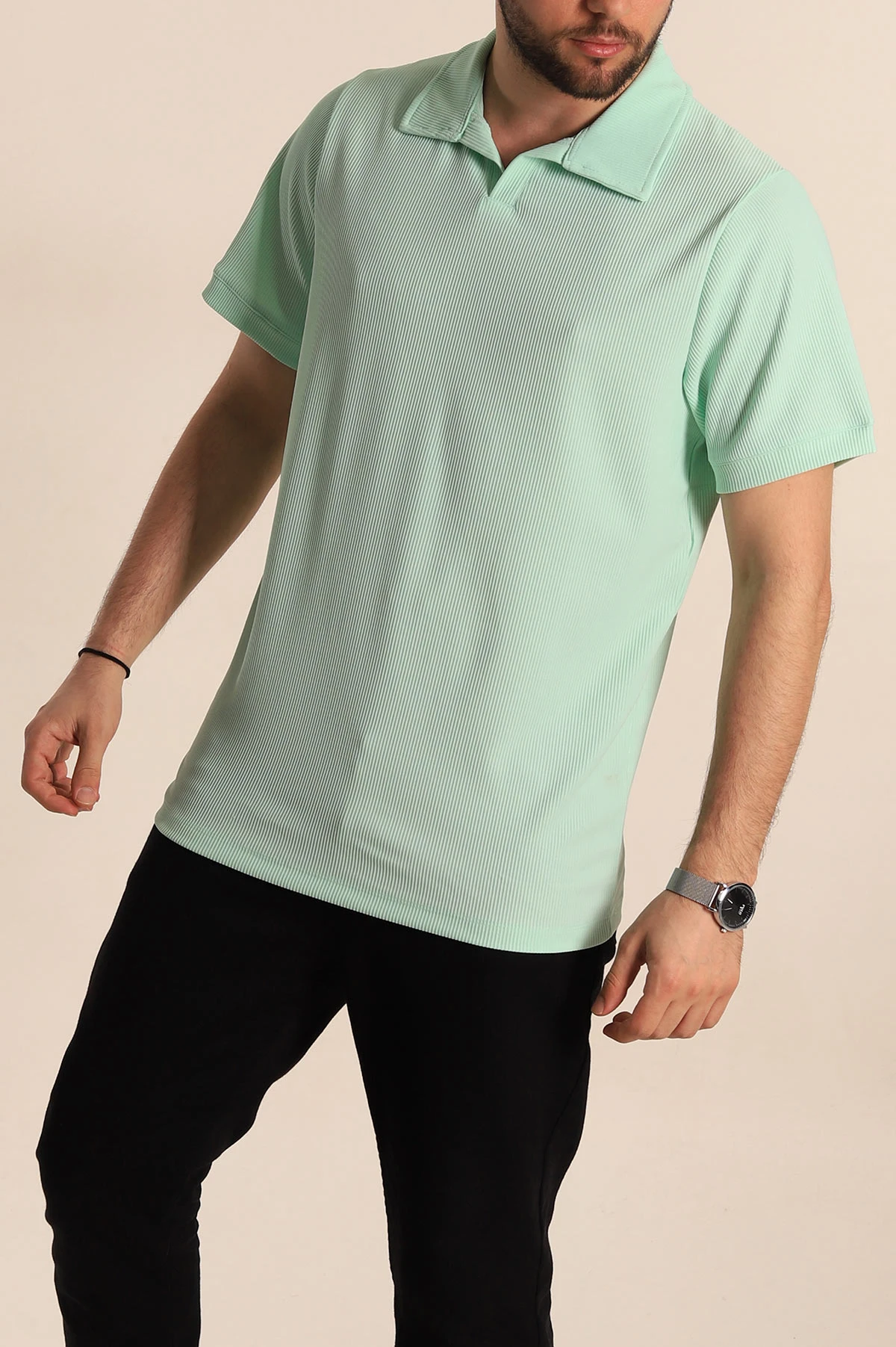 Su Yeşili Regular Fit Fitilli Doku Patlı Polo Yaka Erkek Tişört 270578