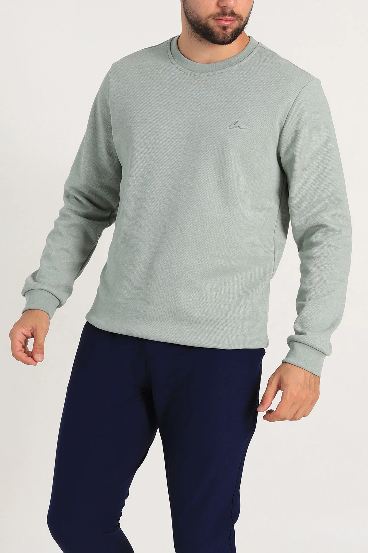 Su Yeşili Regular Fit İnterlok Kumaş Pike Doku Basic Erkek Sweatshirt 305431